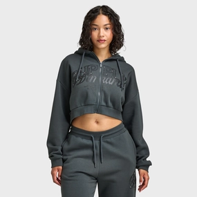 Gloss Free Texture Down Stuffed Supply & Demand Women's Spray Boxy Hoodie / Dark Grey With Diamantes