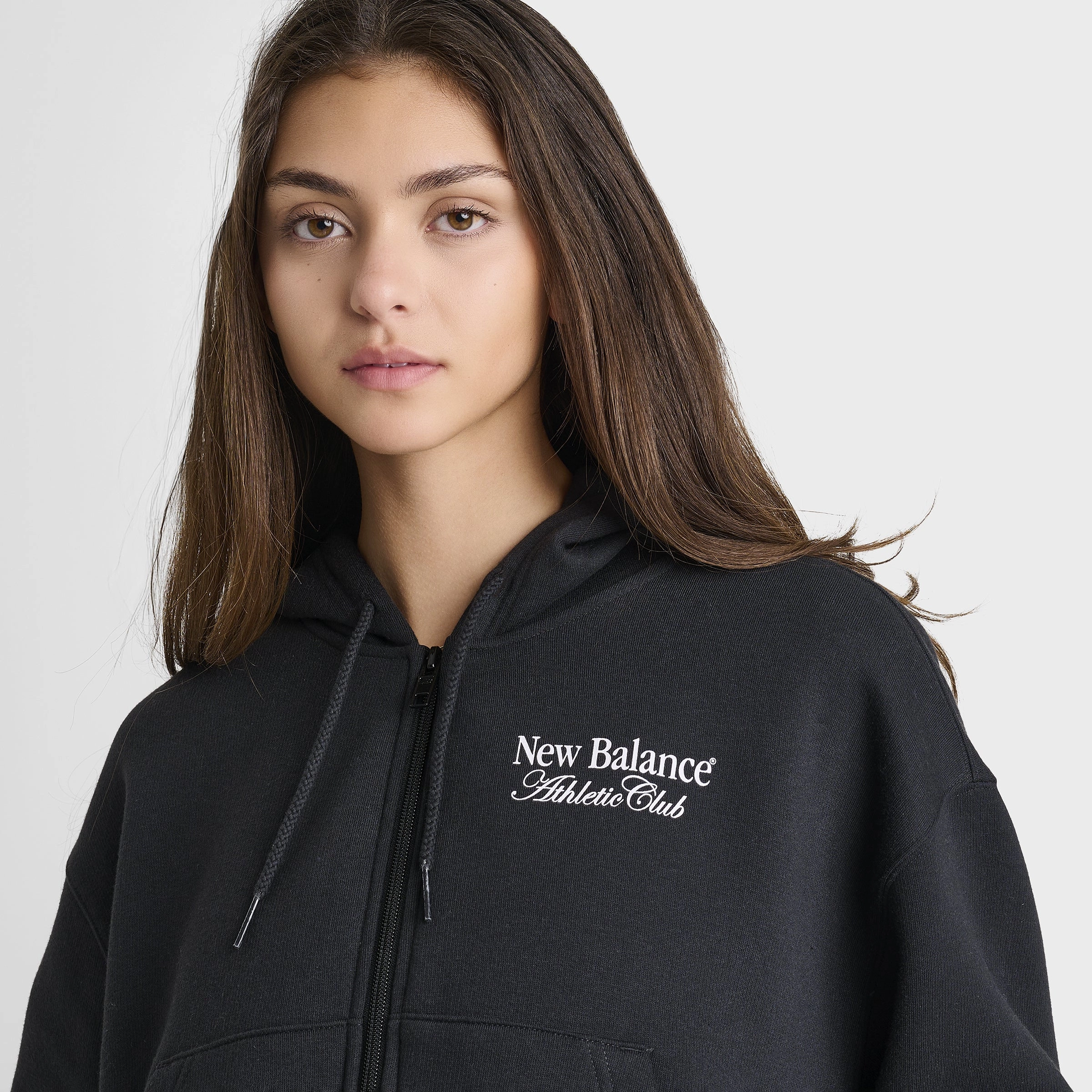 New Balance Women's Linear Crop Full Zip Hoodie Black Slim Fit Styles Storm Ready Gear