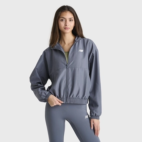 New Balance Women's Linear Woven Jacket / Dark Arctic Flexible Side Gussets On The Go