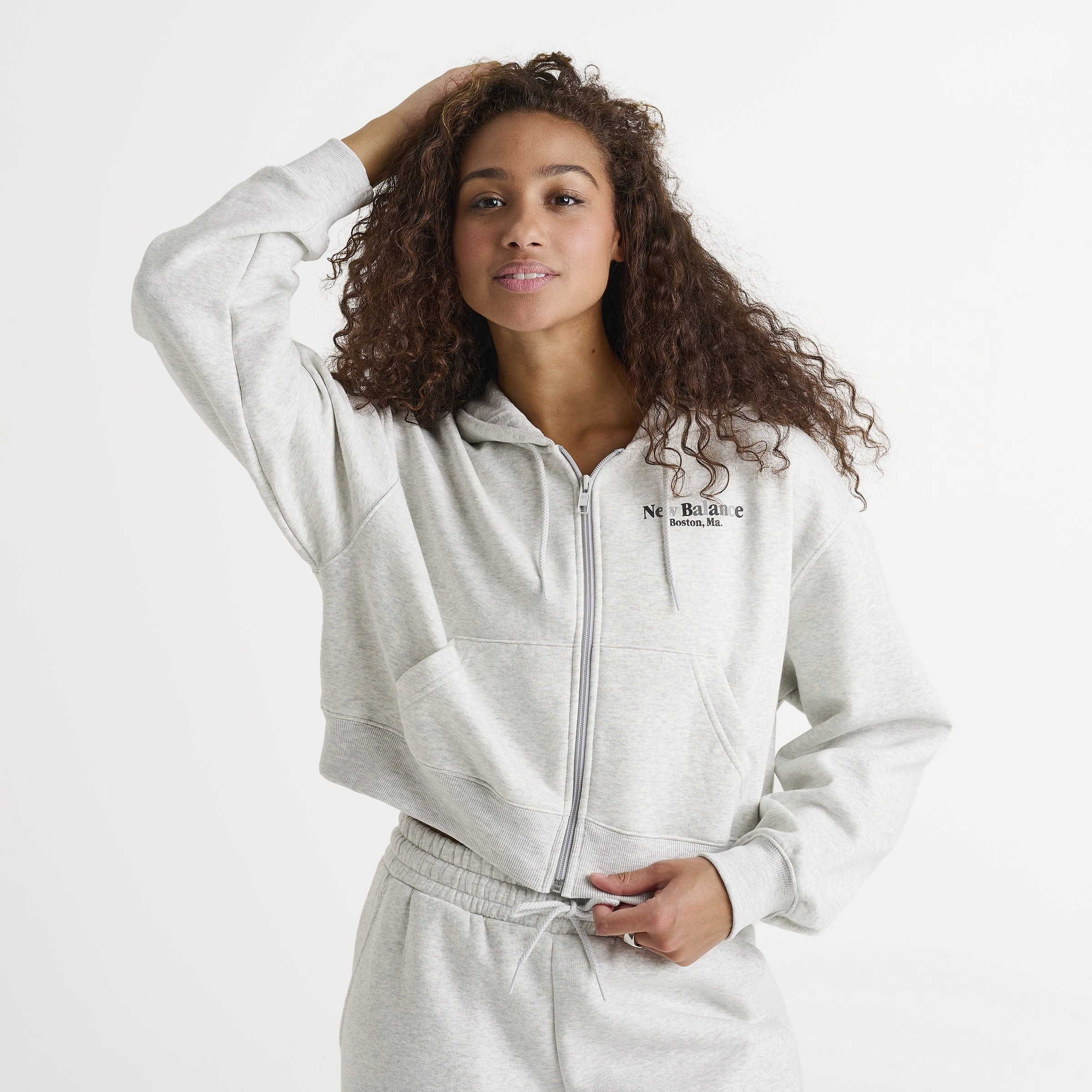 New Balance Women's Tone Crop Full Zip Hoodie Ash Heather / Black Travel Layer Ergonomic Drape