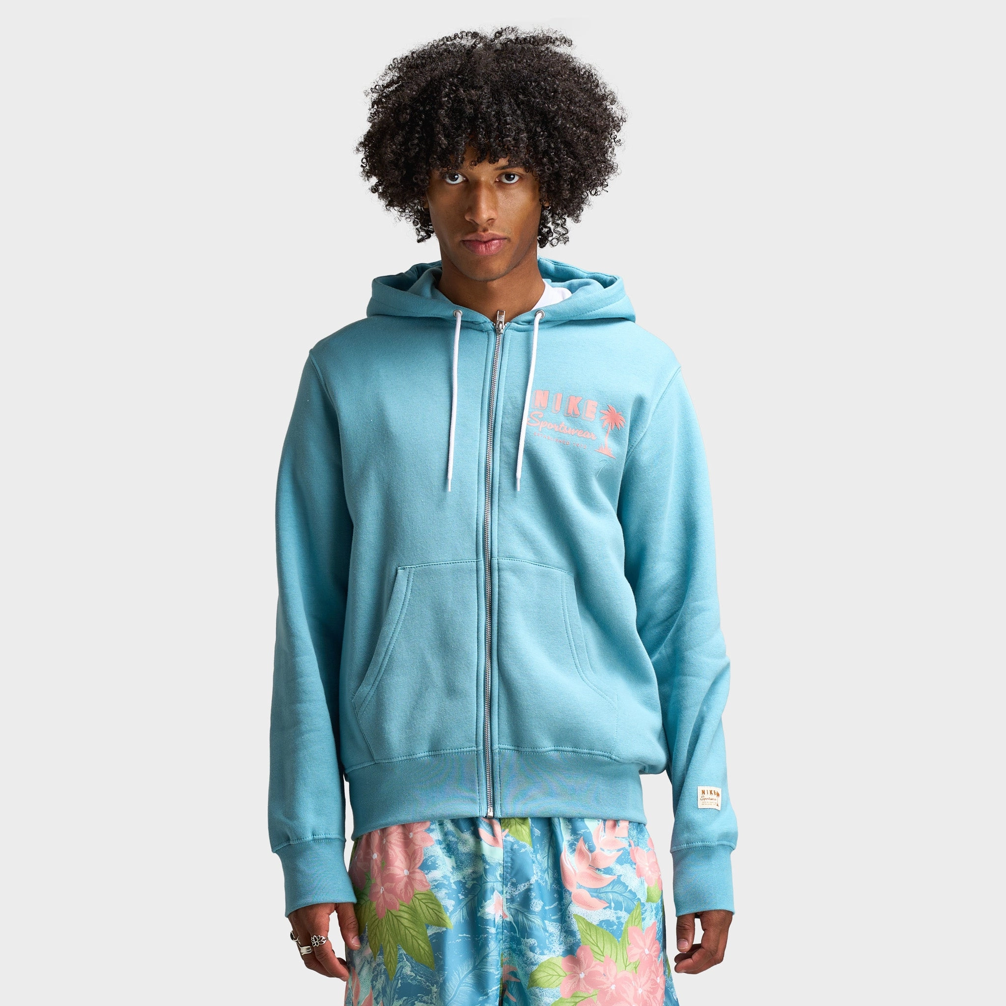 Double Stitched Seams Nike Club Full Zip Hoodie Sweet Denim Turq / Red Stardust - Red Stardust