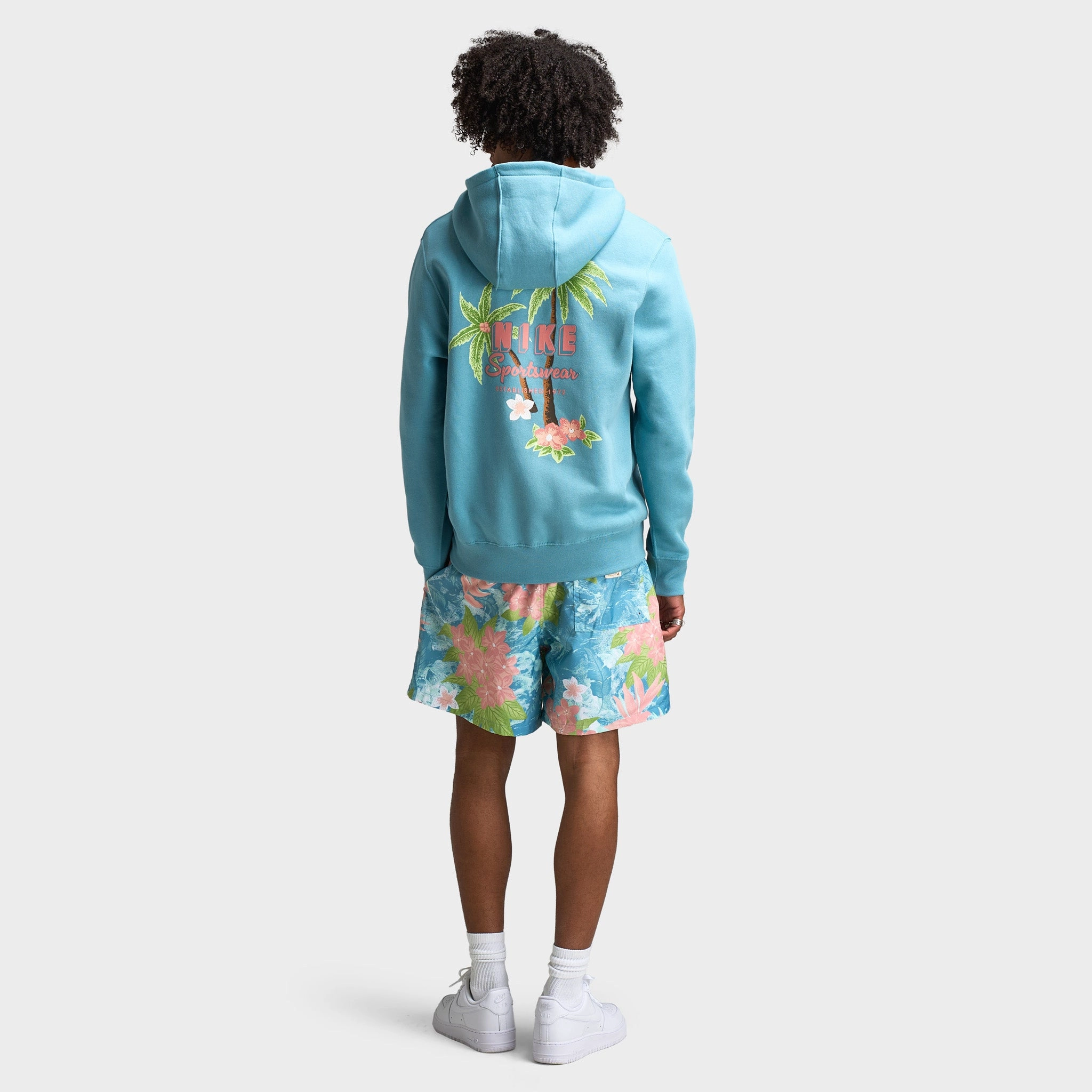 Nike Club Full Zip Hoodie Sweet Denim Turq / Red Stardust - Red Stardust Flexible Articulated Elbows Wind Stop