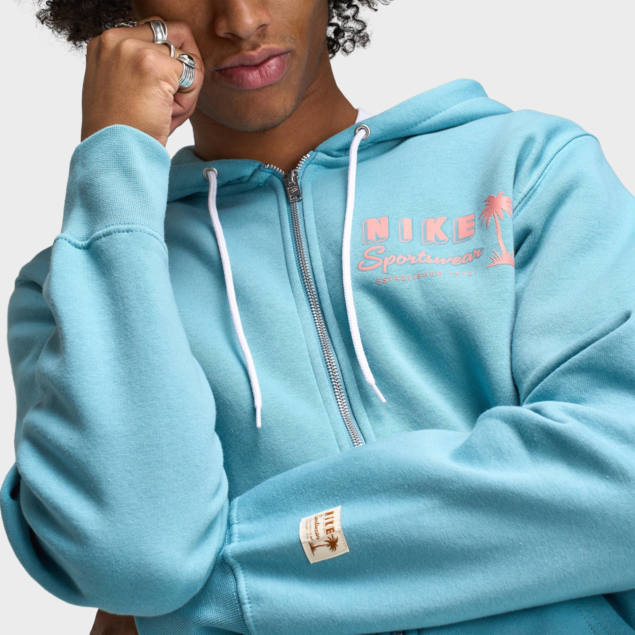 Reinforced Collar Structure Refined Style Nike Club Full Zip Hoodie Sweet Denim Turq / Red Stardust - Red Stardust