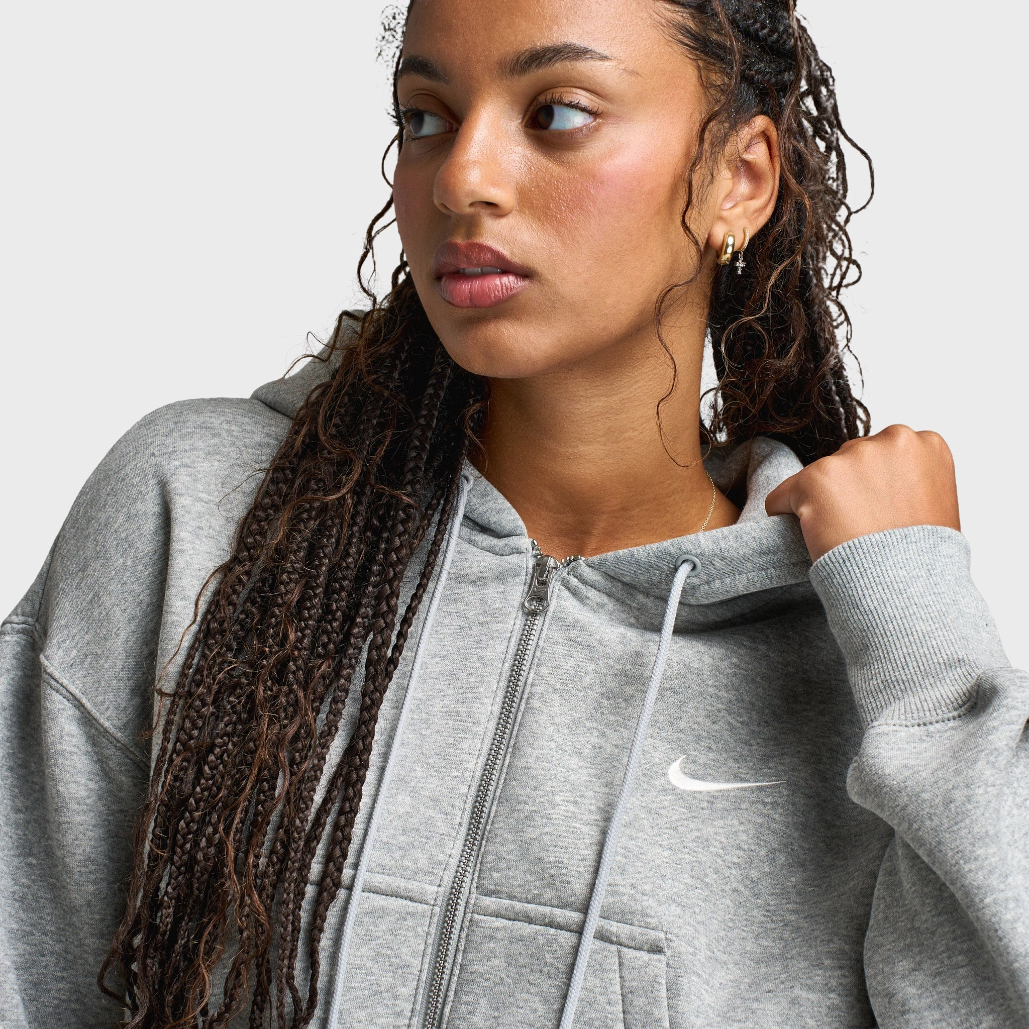 Light Reflective Logos Nike Sportswear Phoenix Fleece Loose Crop Full Zip Hoodie Grey Heather / Sail
