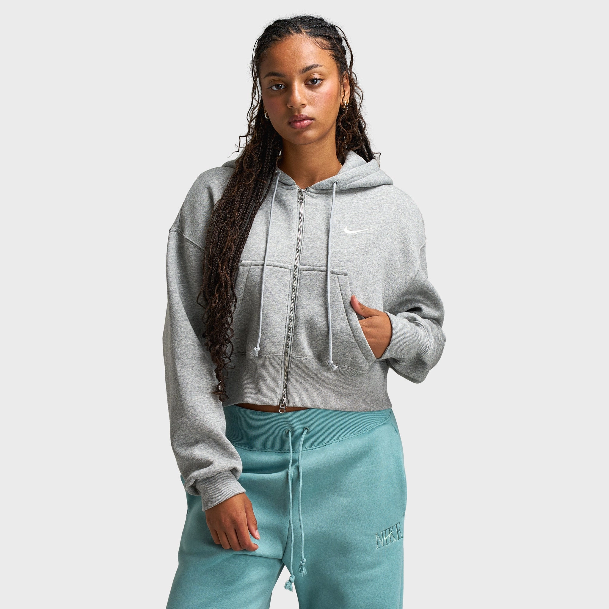 Elasticated Waistband Nike Sportswear Phoenix Fleece Loose Crop Full Zip Hoodie Grey Heather / Sail