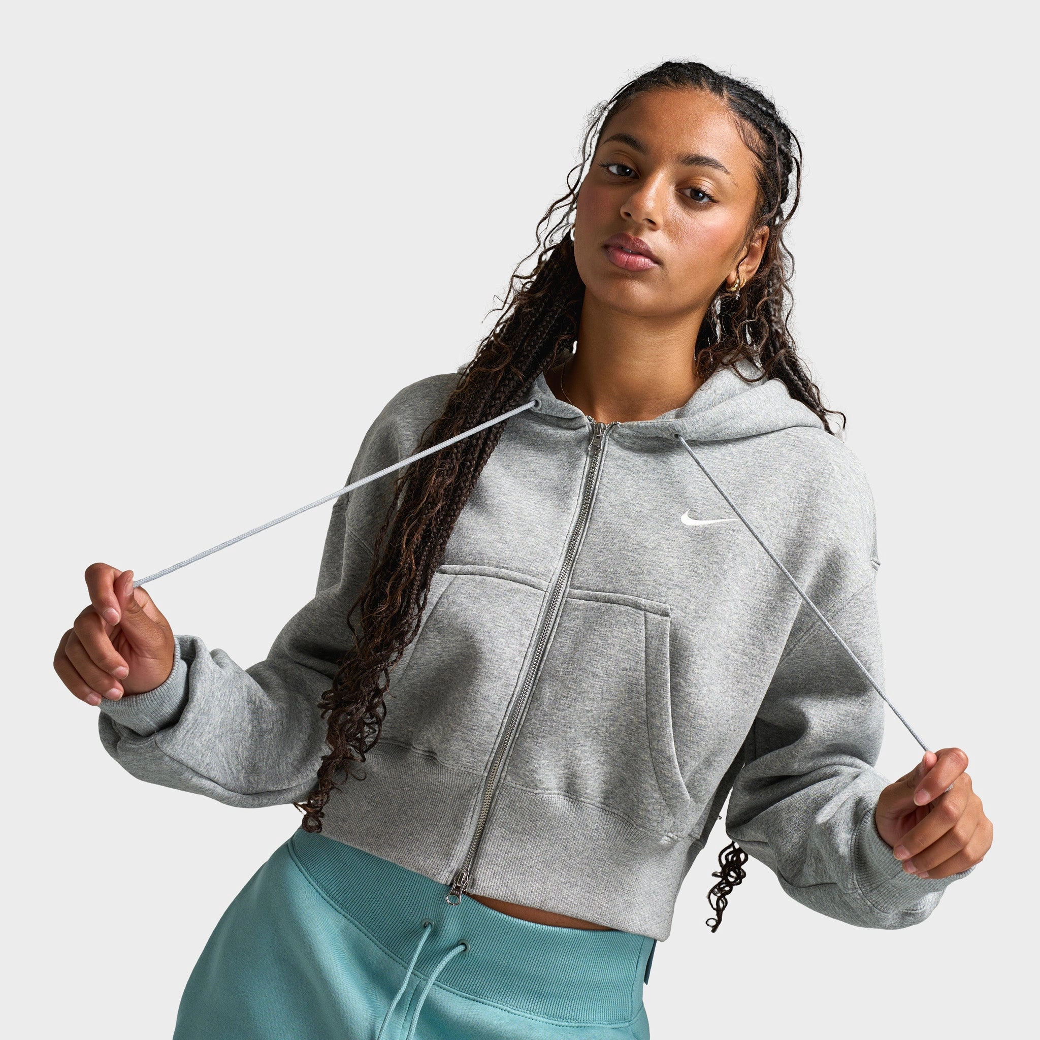 Nike Sportswear Phoenix Fleece Loose Crop Full Zip Hoodie Grey Heather / Sail Weatherproof Zipper Seals