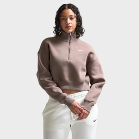 Nike Sportswear Women's Phoenix Fleece Half-Zip Cropped Sweatshirt Mink Brown / Sail Adjustable Detachable Hood