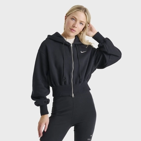 Nike Sportswear Women's Phoenix Fleece Loose Crop Full-ZIp Hoodie Black / Sail Cross Ventilation Panels Nylon Shell Construction
