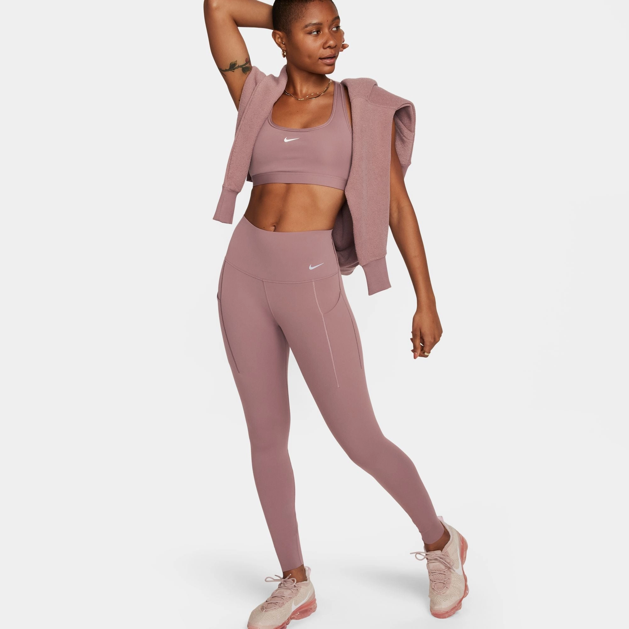 Planet Glow Nike Women's Universa Medium-Support High-Waisted Full Length Leggings Smokey Mauve / Black