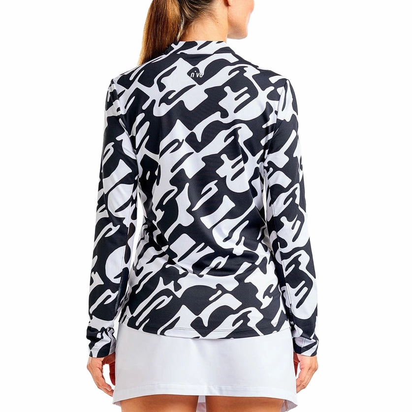 Bamboo Fiber Blend Sweat Resistant Lining Nivo Women's Lolita UV Long Sleeve Mock Neck Golf Shirt - Black/White