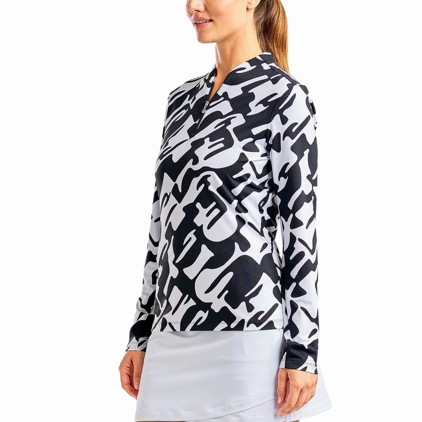 Nivo Women's Lolita UV Long Sleeve Mock Neck Golf Shirt - Black/White Athletic Cut TwoTone Fabric Blend
