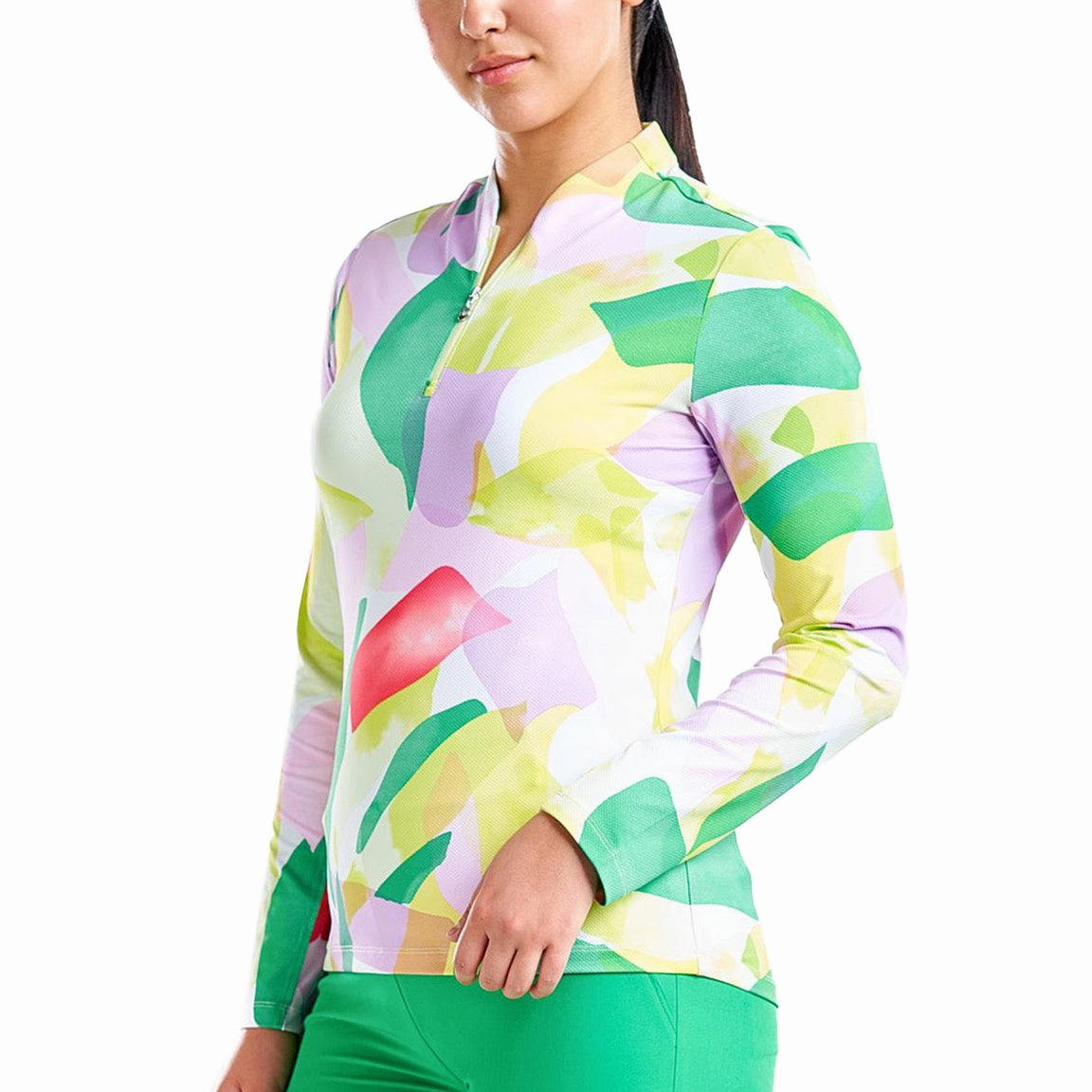 Contrast Trim Detail AntiPilling Technology Nivo Women's Lolita UV Long Sleeve Mock Neck Golf Shirt - Classic Green