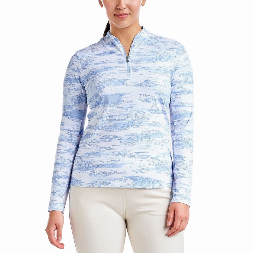 Club Attire FourButton Placket Nivo Women's Lolita UV Long Sleeve Mock Neck Golf Shirt - Gentle Blue