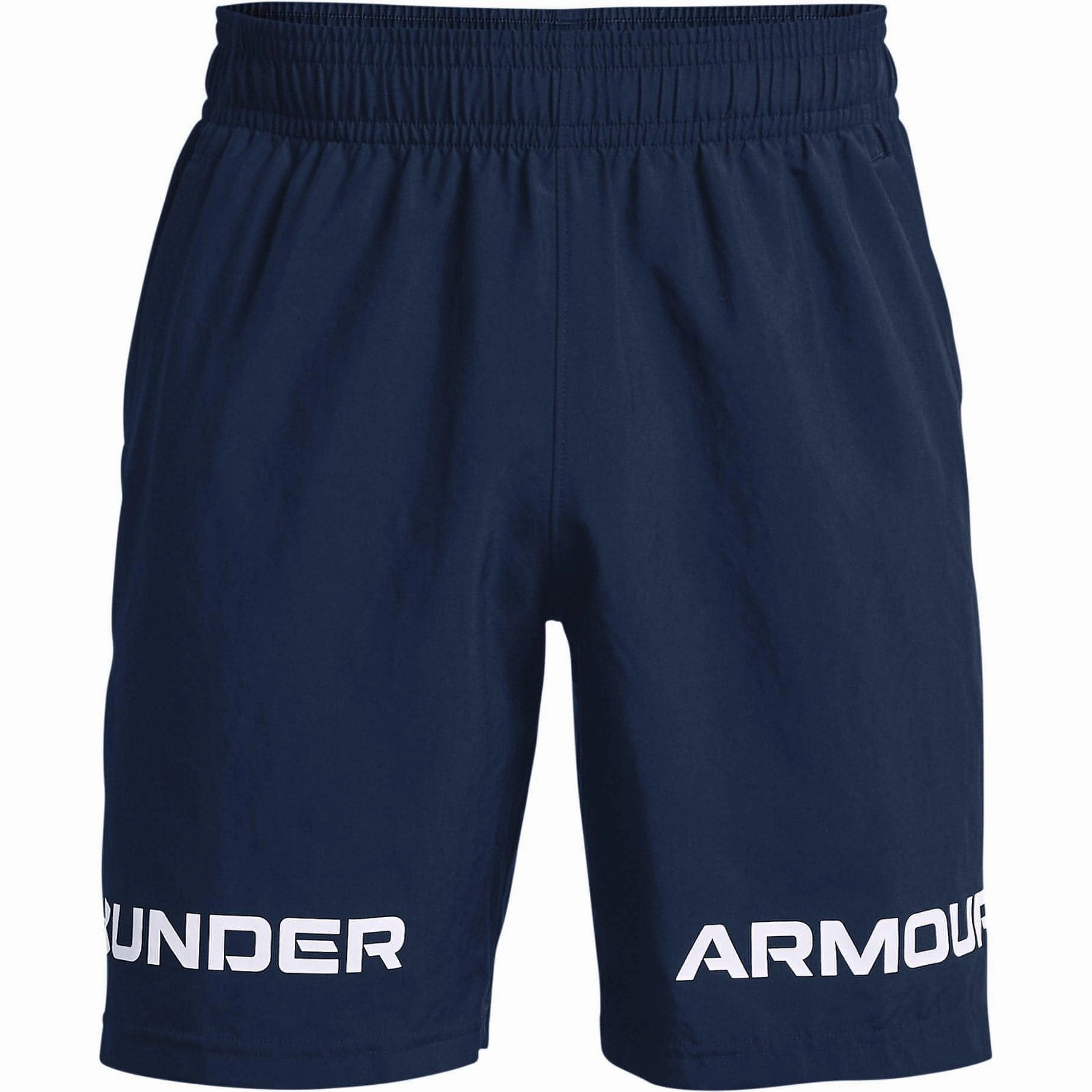 WaterRepellent Finish Flexible Waistband Under Armour Woven Graphic Wordmark Mens Training Shorts - Navy