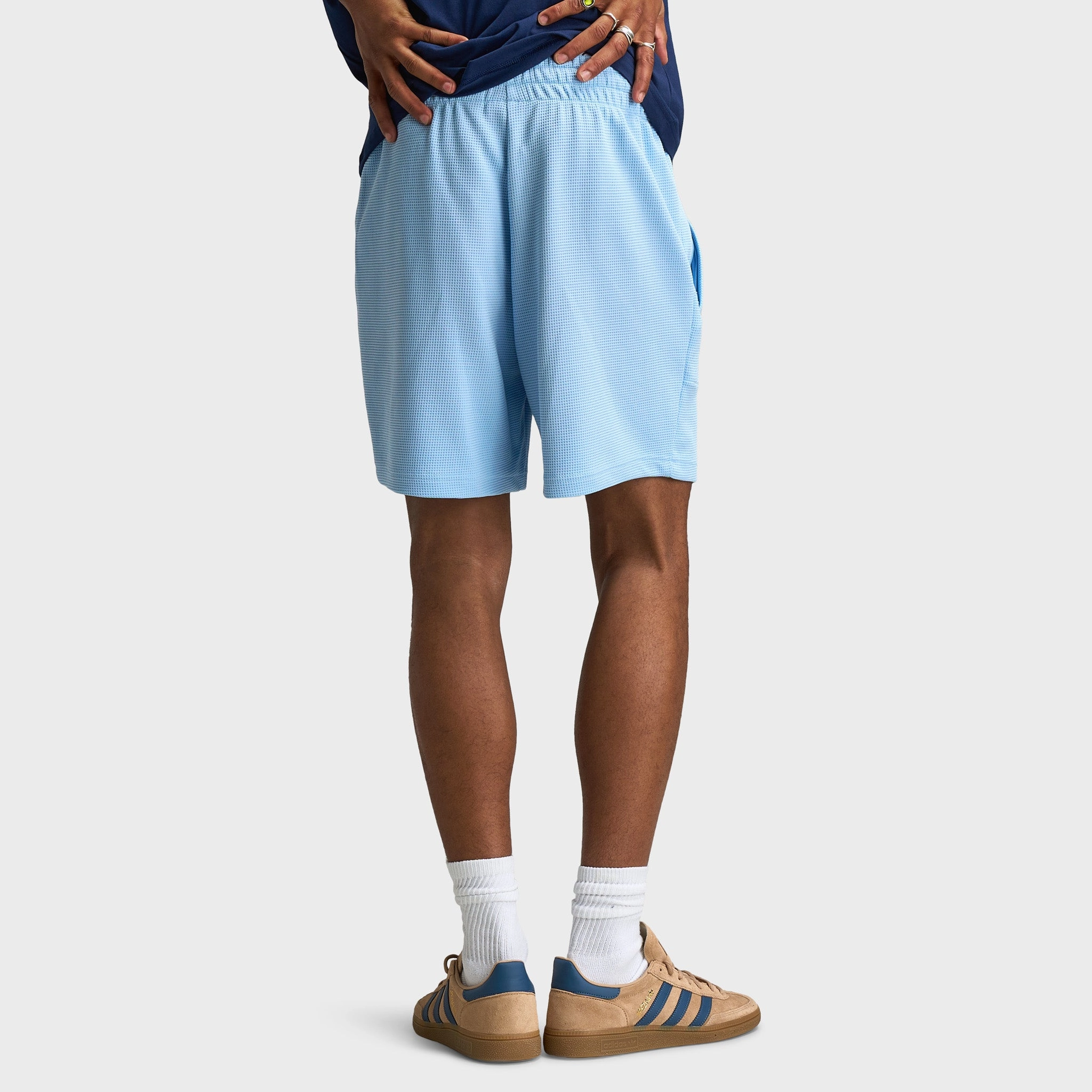 Ventilated Mesh Panels Eco Friendly Material adidas Originals Trefoil Essentials Waffle Shorts / Clear Sky