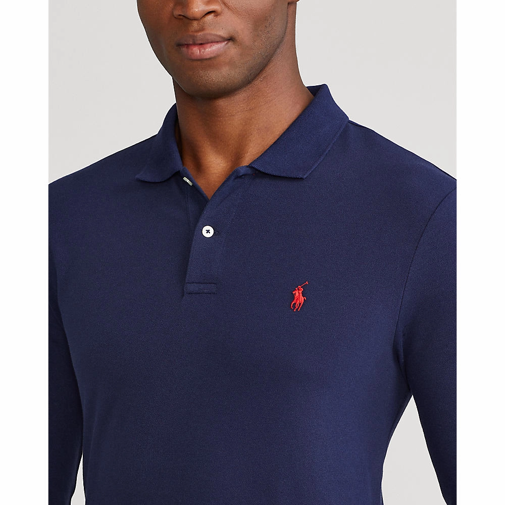 SnagProof Material Collared Shirt Polo Golf Ralph Lauren Cotton Pique Performance Long Sleeve Polo - French Navy/Red
