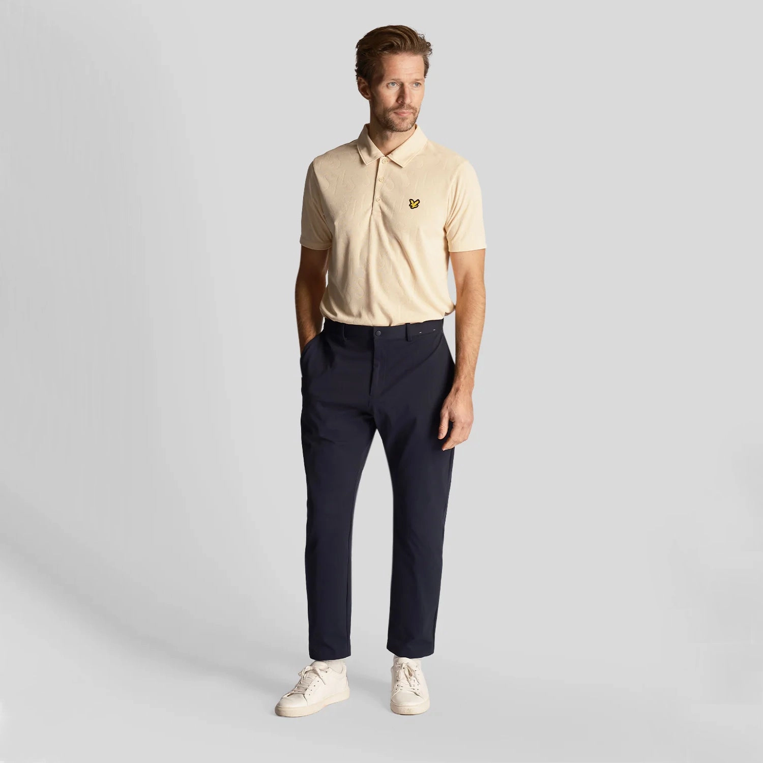 Lyle & Scott Monogram Jacquard Golf Polo Shirt - Sand Dune Hygroscopic Threads