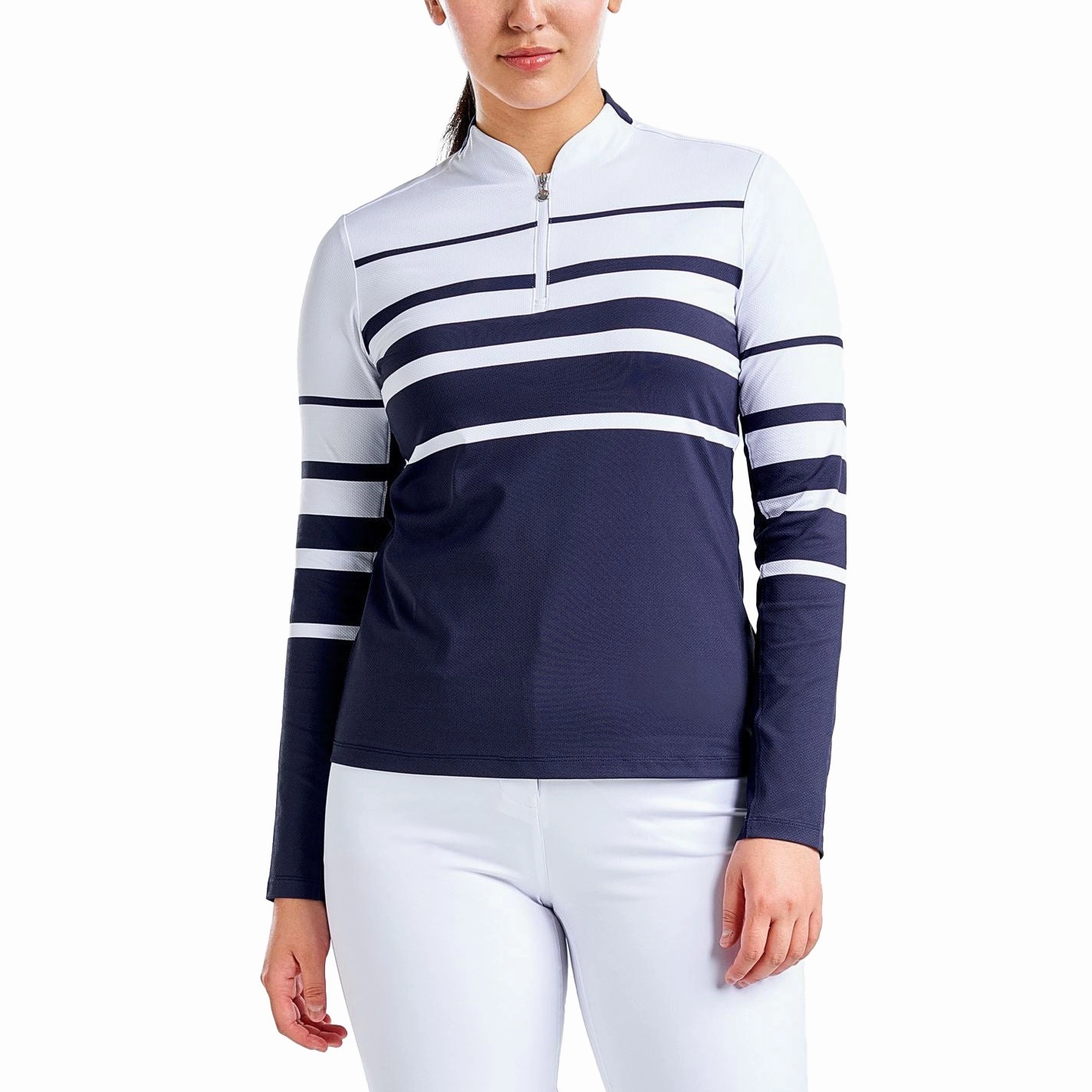 Nivo Women's Lolita UV Long Sleeve Mock Neck Golf Shirt - White/Navy Outdoor Adventure
