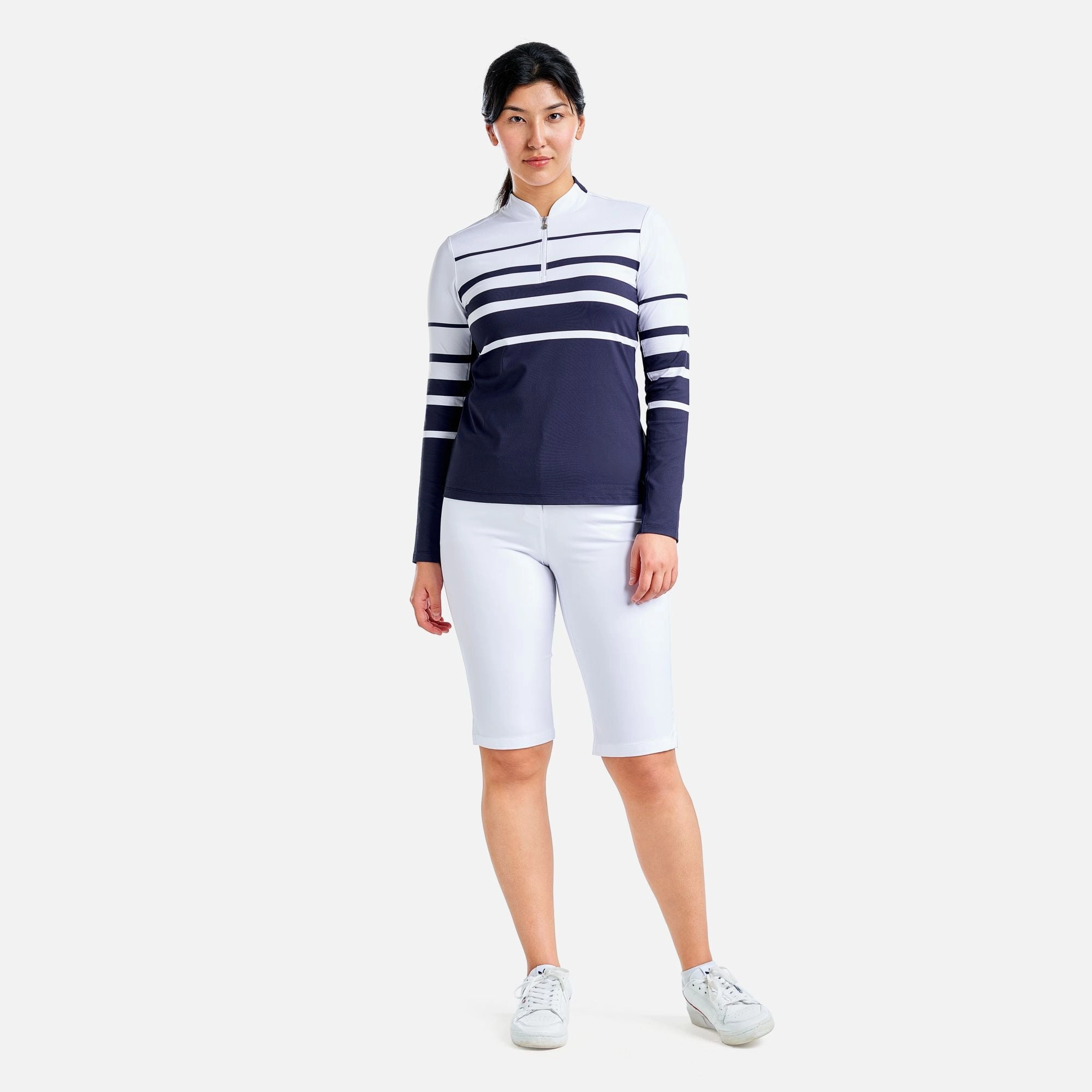 Nivo Women's Lolita UV Long Sleeve Mock Neck Golf Shirt - White/Navy Breathable mesh lining