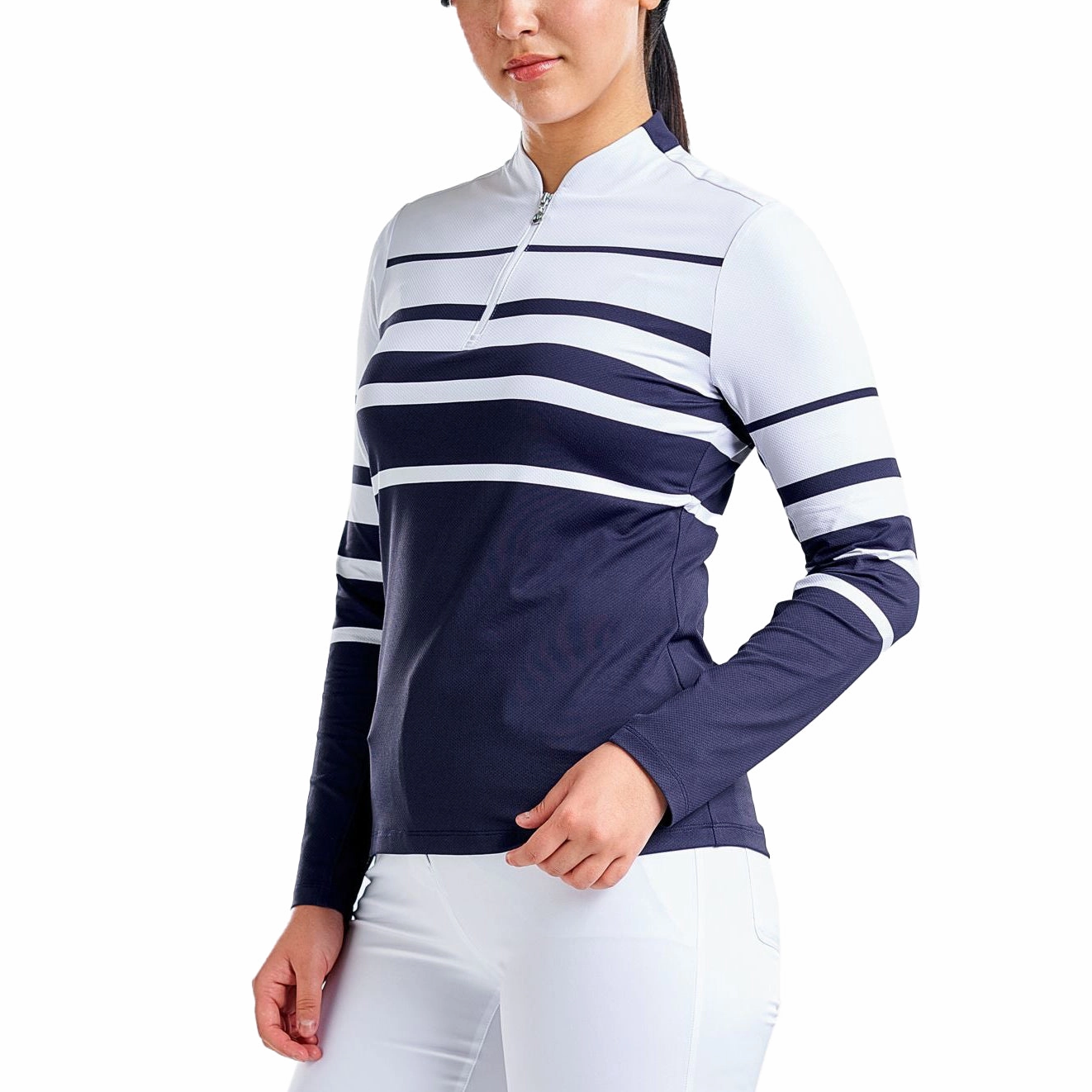 quick dry Streetwear Edge Nivo Women's Lolita UV Long Sleeve Mock Neck Golf Shirt - White/Navy