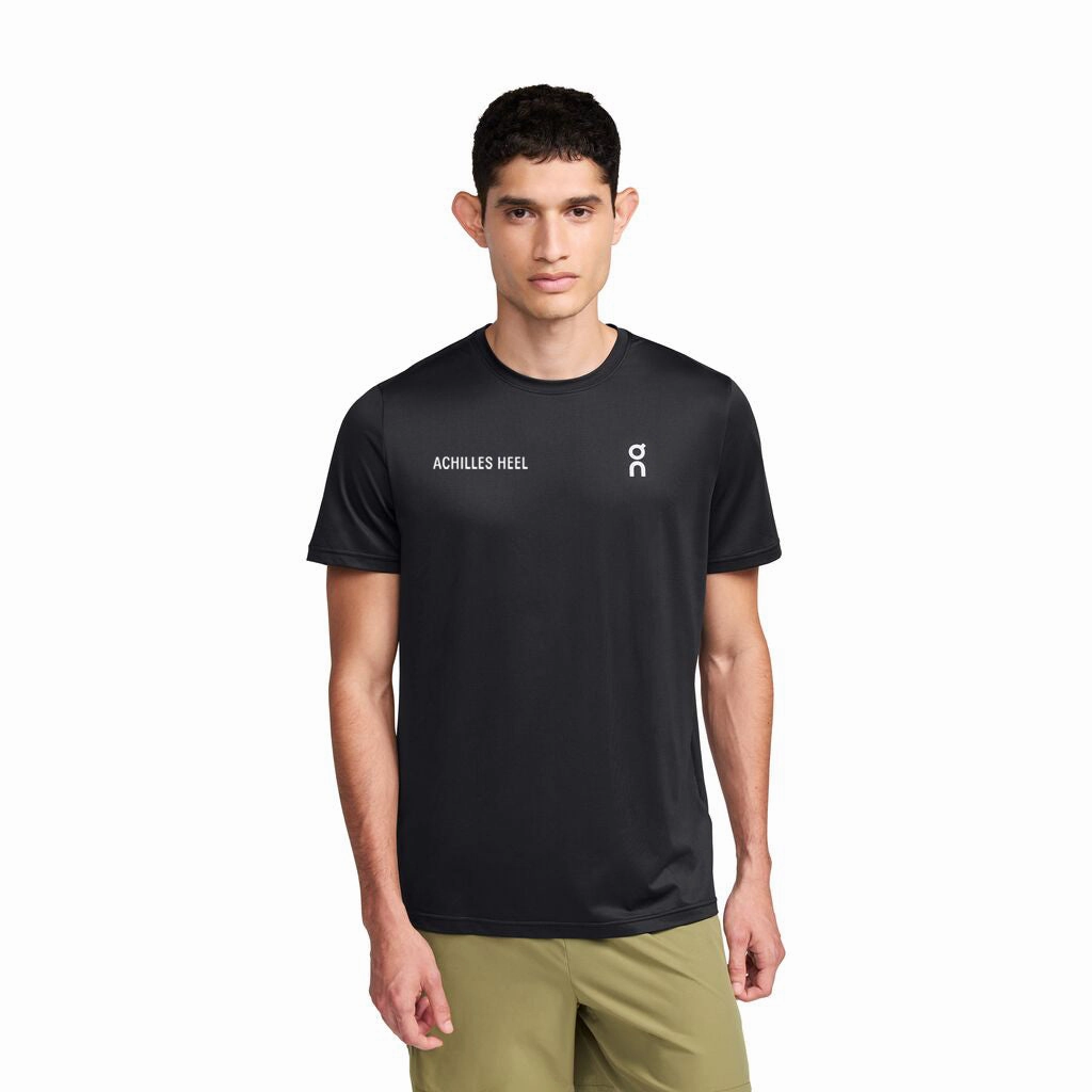 On x Achilles Heel Run Club Men's Core Tee Black NonBindingCollar AntiStaticTechnology