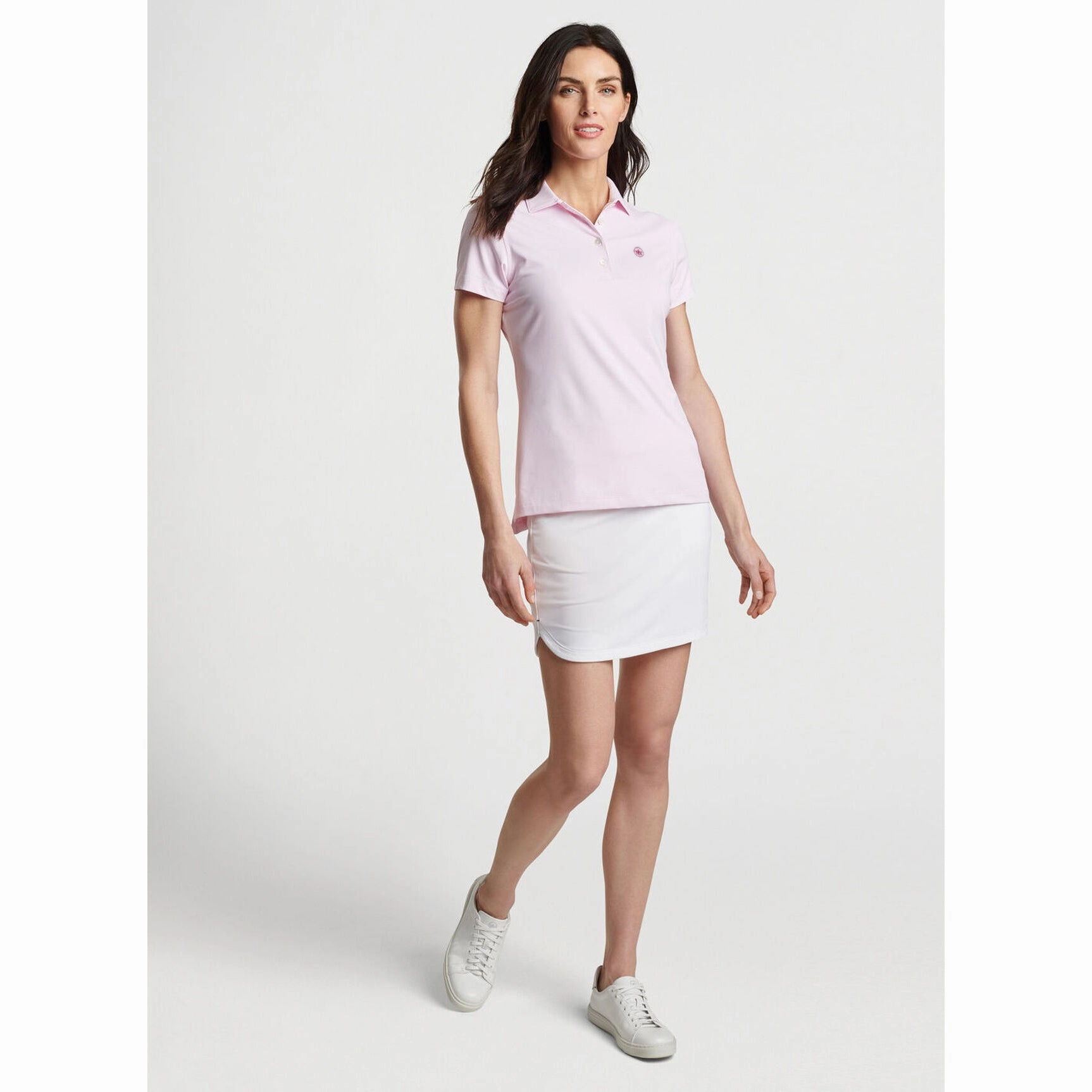 Breathable Material Ventilated Side Panels Peter Millar Women's Jubilee Performance Stretch Jersey Golf Shirt - Palmer Pink/White