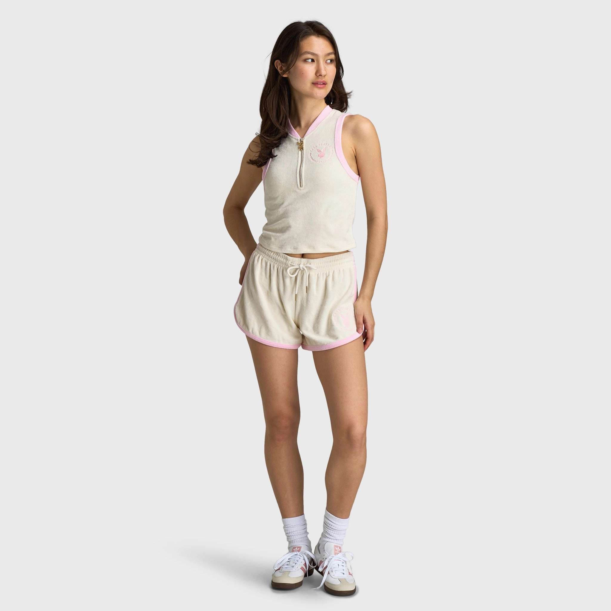 Playboy Casa Quarter Zip Terry Tank Top Off White / Pinkesque Trendy Casual Wear TaglessCollar
