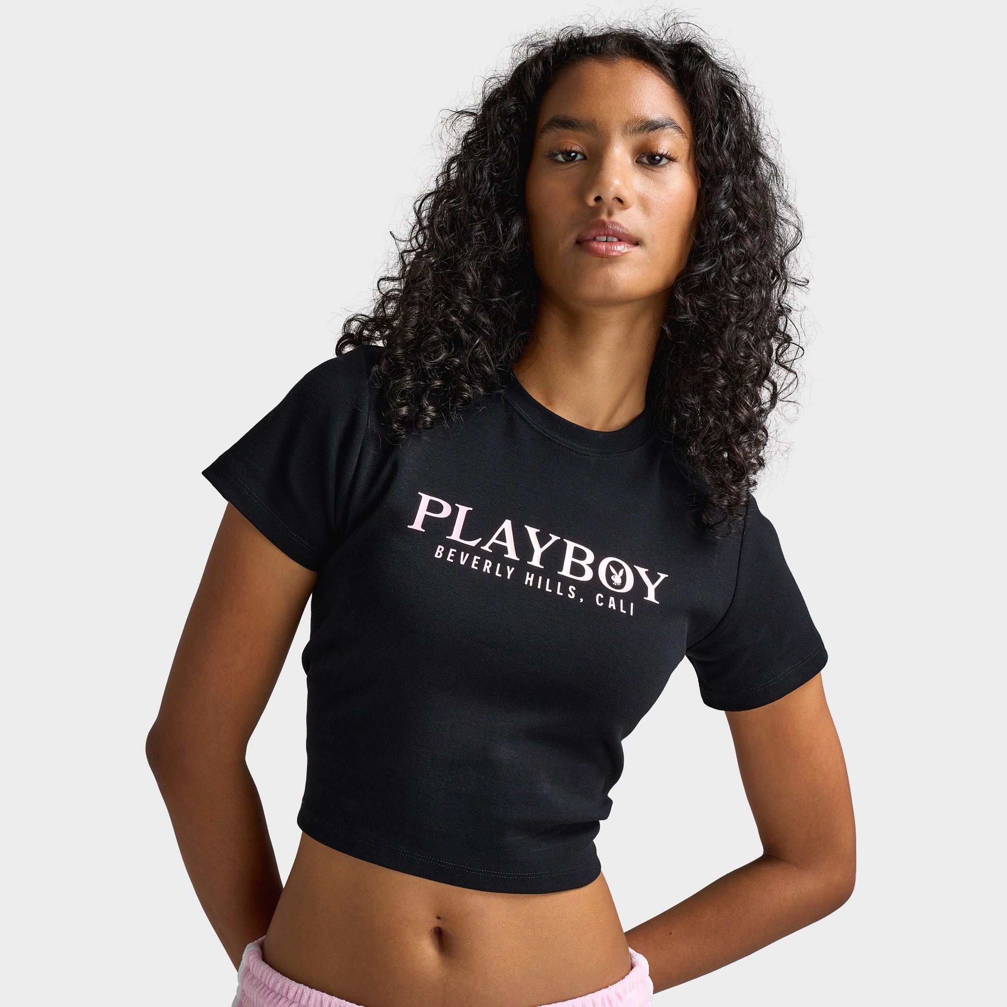 Playboy Casa Tie Back Baby Tee Black / Pinkesque Cool Layering Elegant and Relaxed