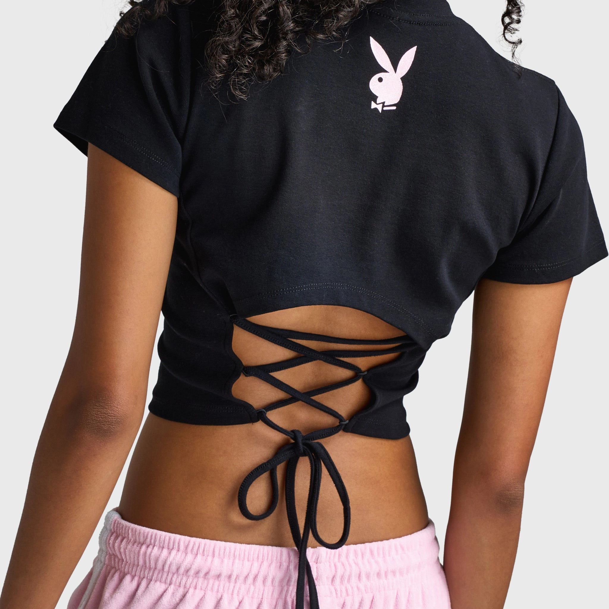 Lint Resistant Surface Striped modernity Playboy Casa Tie Back Baby Tee Black / Pinkesque
