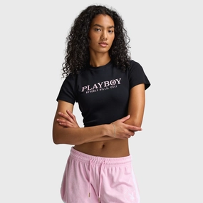 Playboy Casa Tie Back Baby Tee Black / Pinkesque Holiday Wear Stretchable Knit