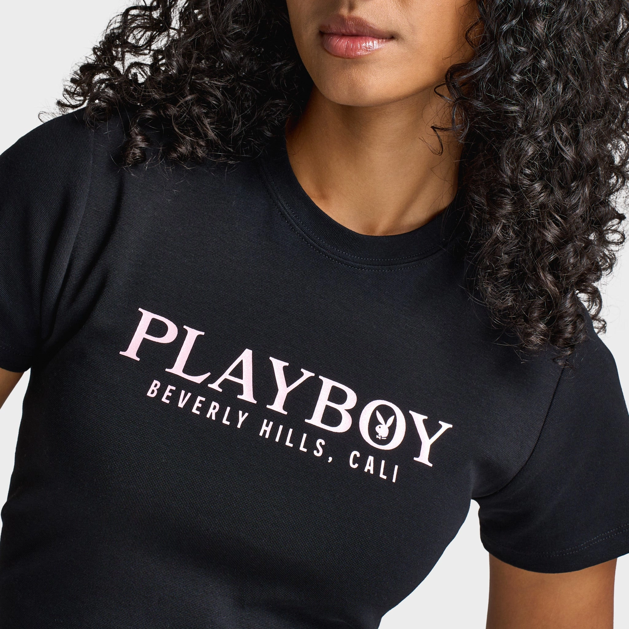 Playboy Casa Tie Back Baby Tee Black / Pinkesque Ultimate Fit