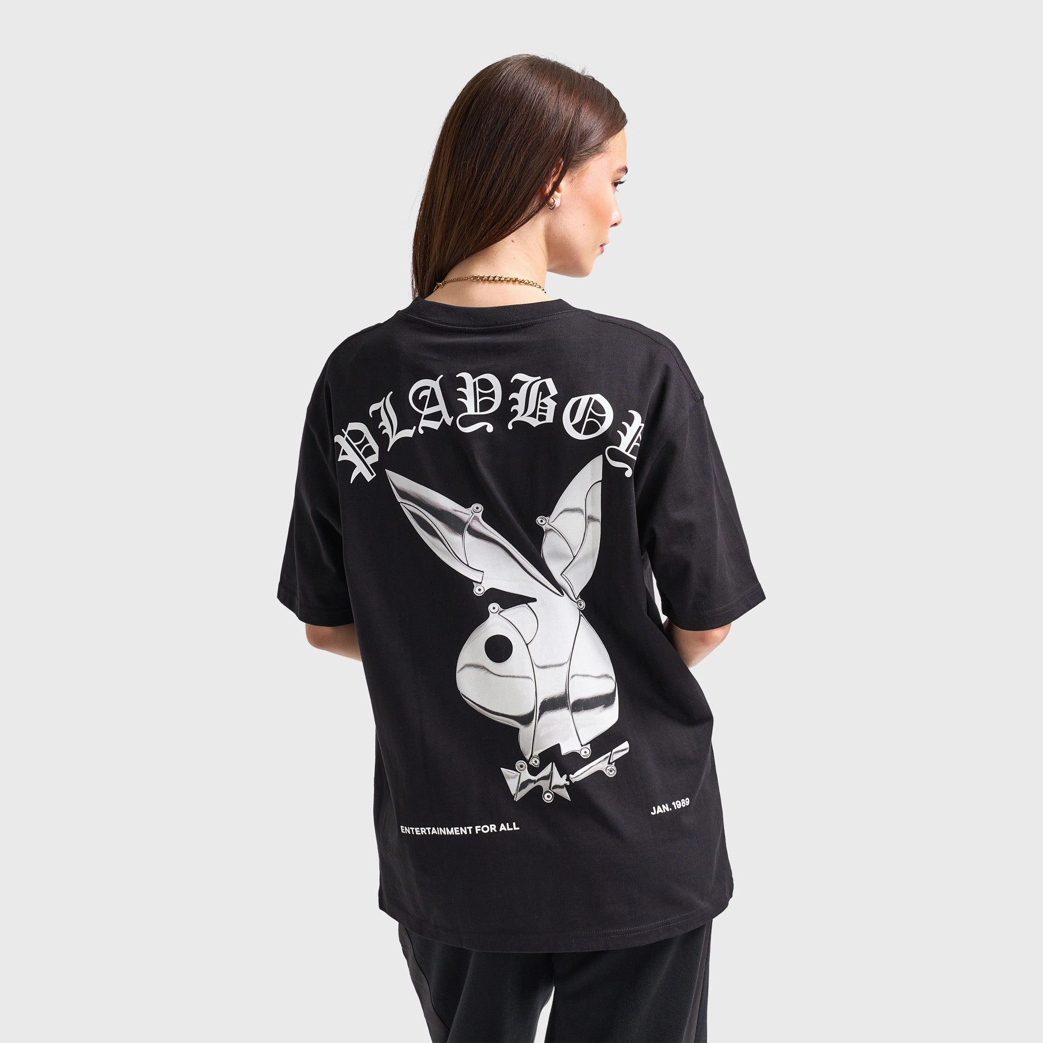 Expandable Playboy Chrome RH Oversized Graphic T-Shirt / Black