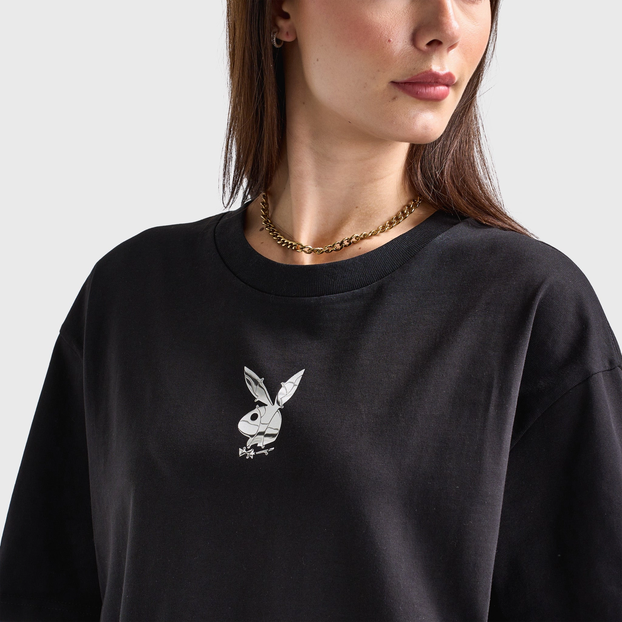 Playboy Chrome RH Oversized Graphic T-Shirt / Black Ribbed Texture Finish Expandable