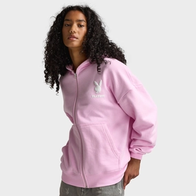 Asymmetric Hemline Non Restrictive Fit Playboy L.A Front Zip Oversized Hoodie / Baby Pink