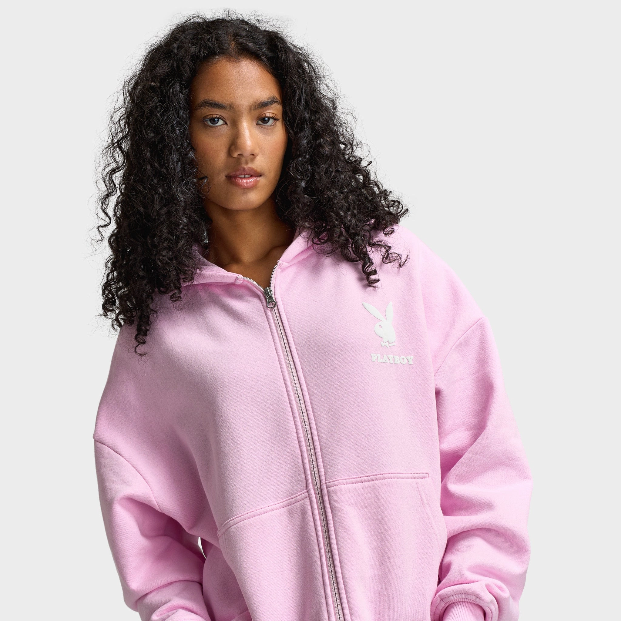 Pre Shrunk Cotton Blend Playboy L.A Front Zip Oversized Hoodie / Baby Pink