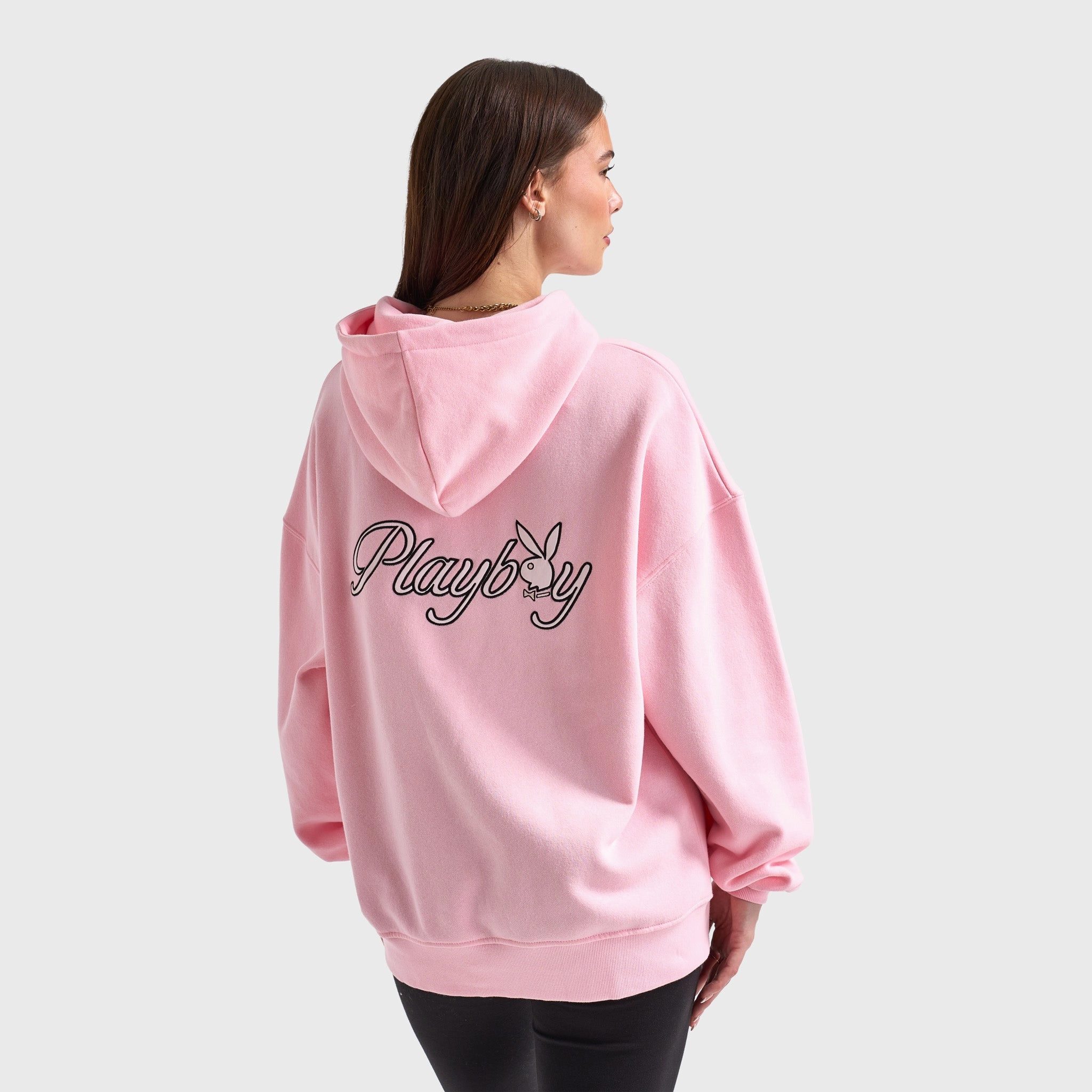 Playboy Script Oversized Graphic Hoodie / Pink Double Layered Fabric
