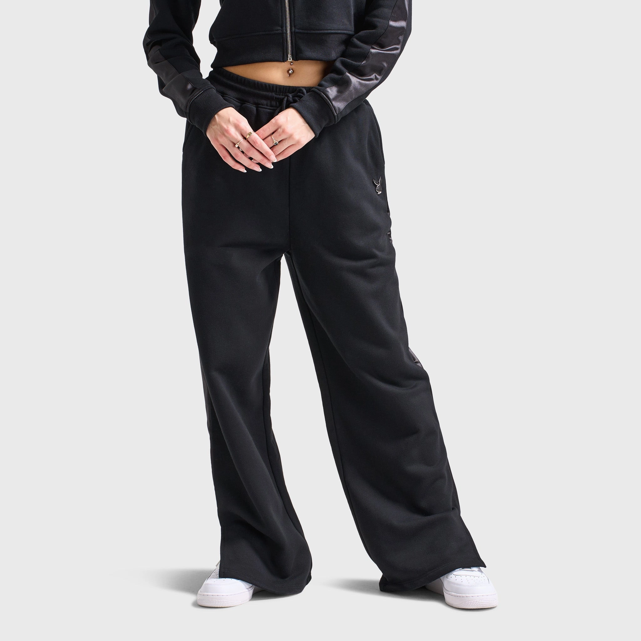 HighDensityWeave Playboy Script Wide Leg Track Pants / Black