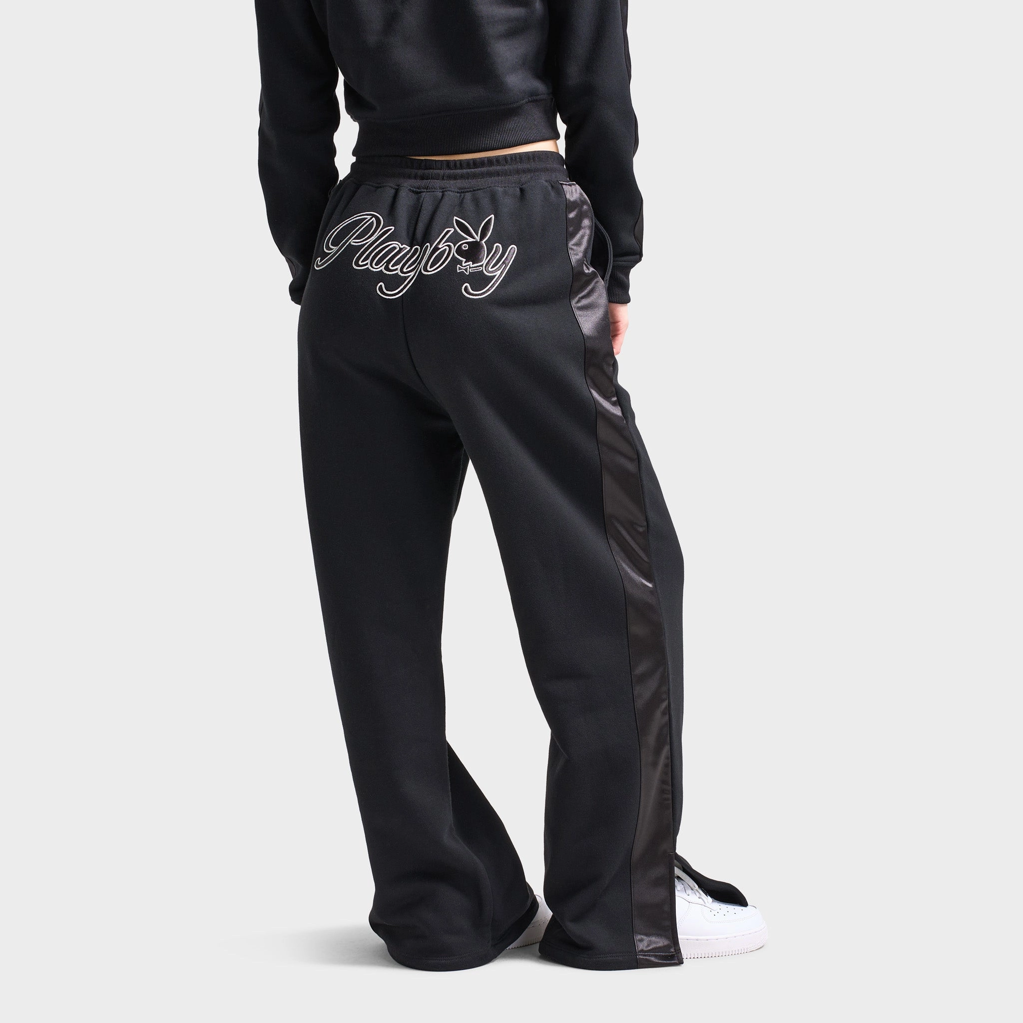 All Day Walk Mood Playboy Script Wide Leg Track Pants / Black