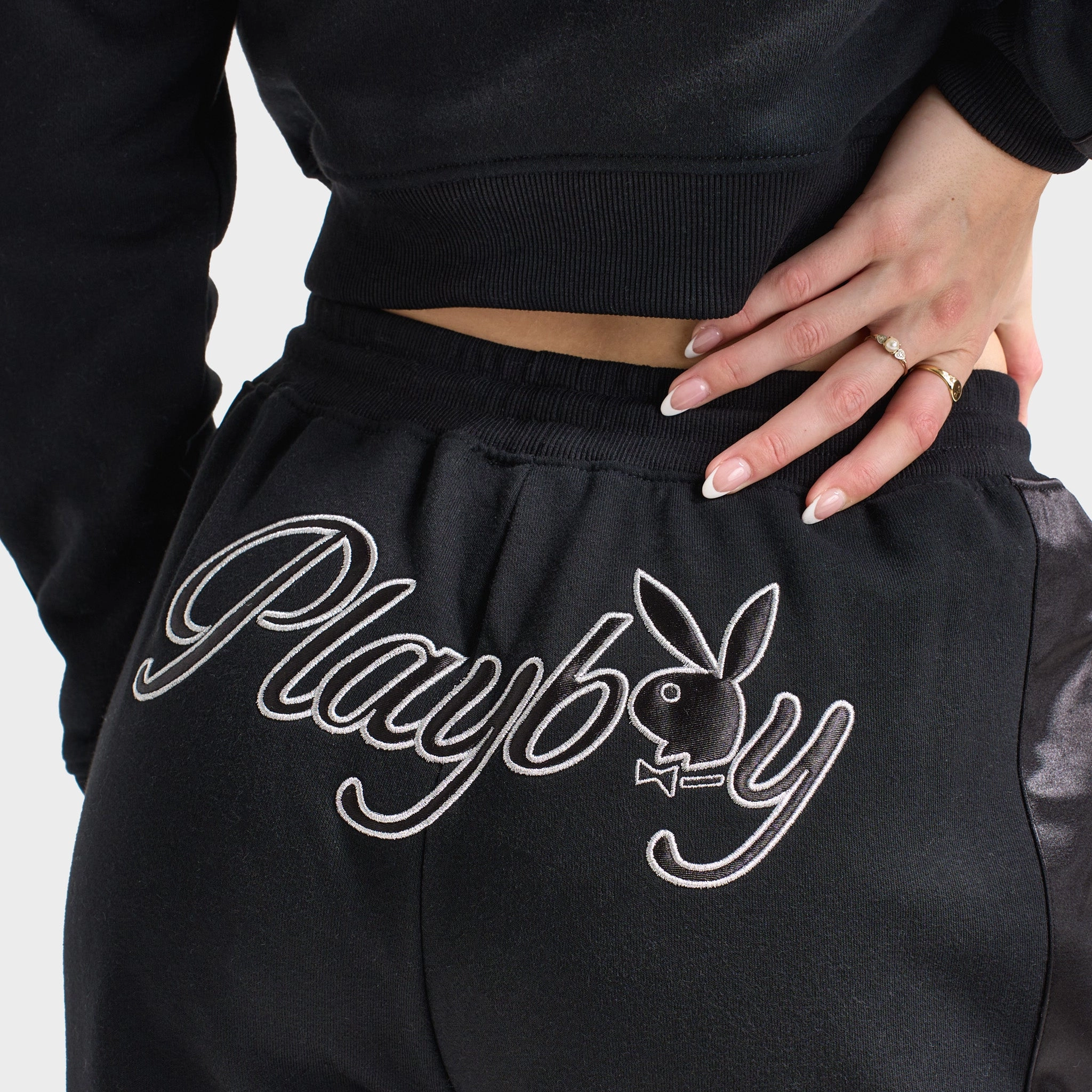 Playboy Script Wide Leg Track Pants / Black LightweightWeave AntiBacterialTreatment