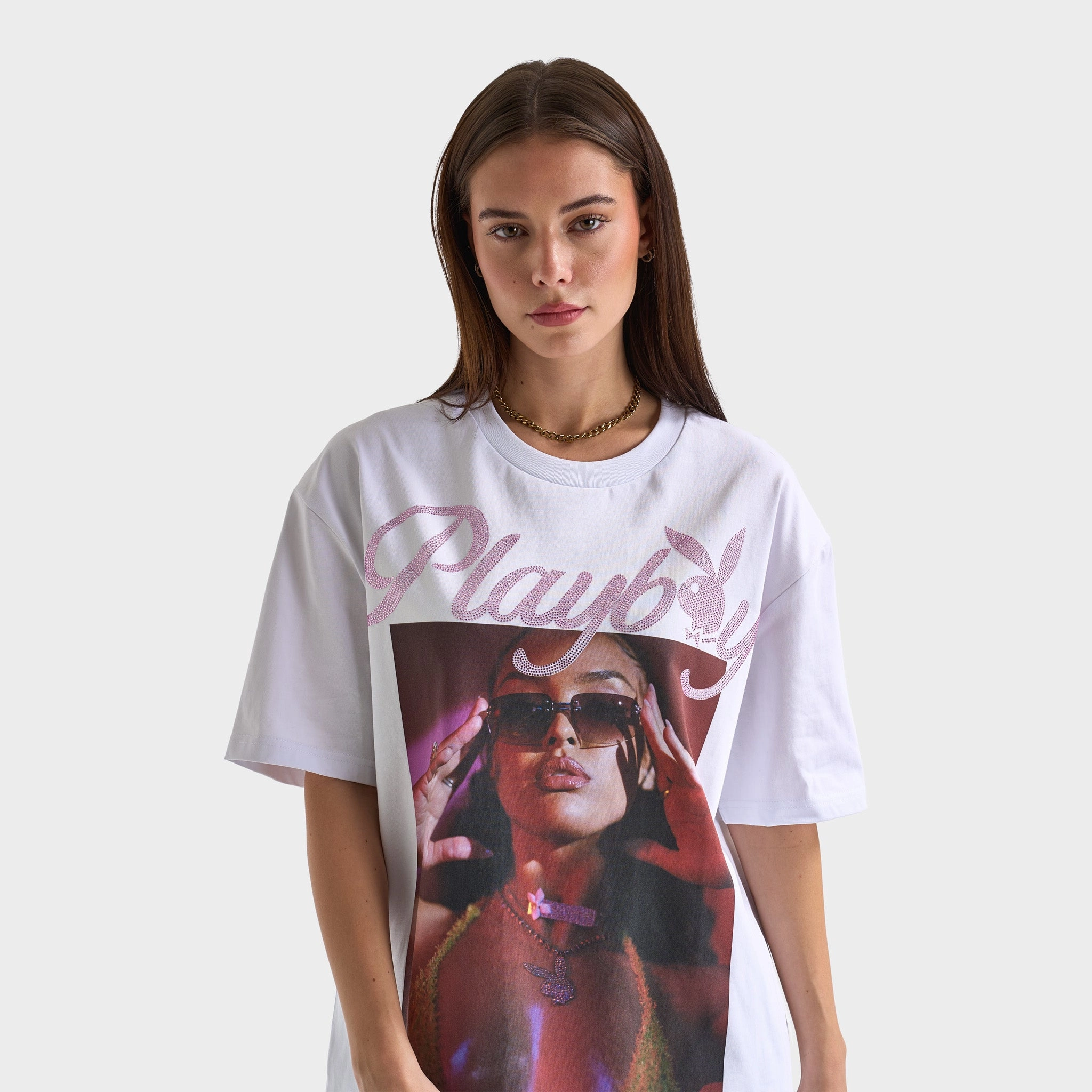 Playboy Women's Diamonte Izabela Oversized Graphic T-Shirt / Anti Slip Bands Smooth Surface