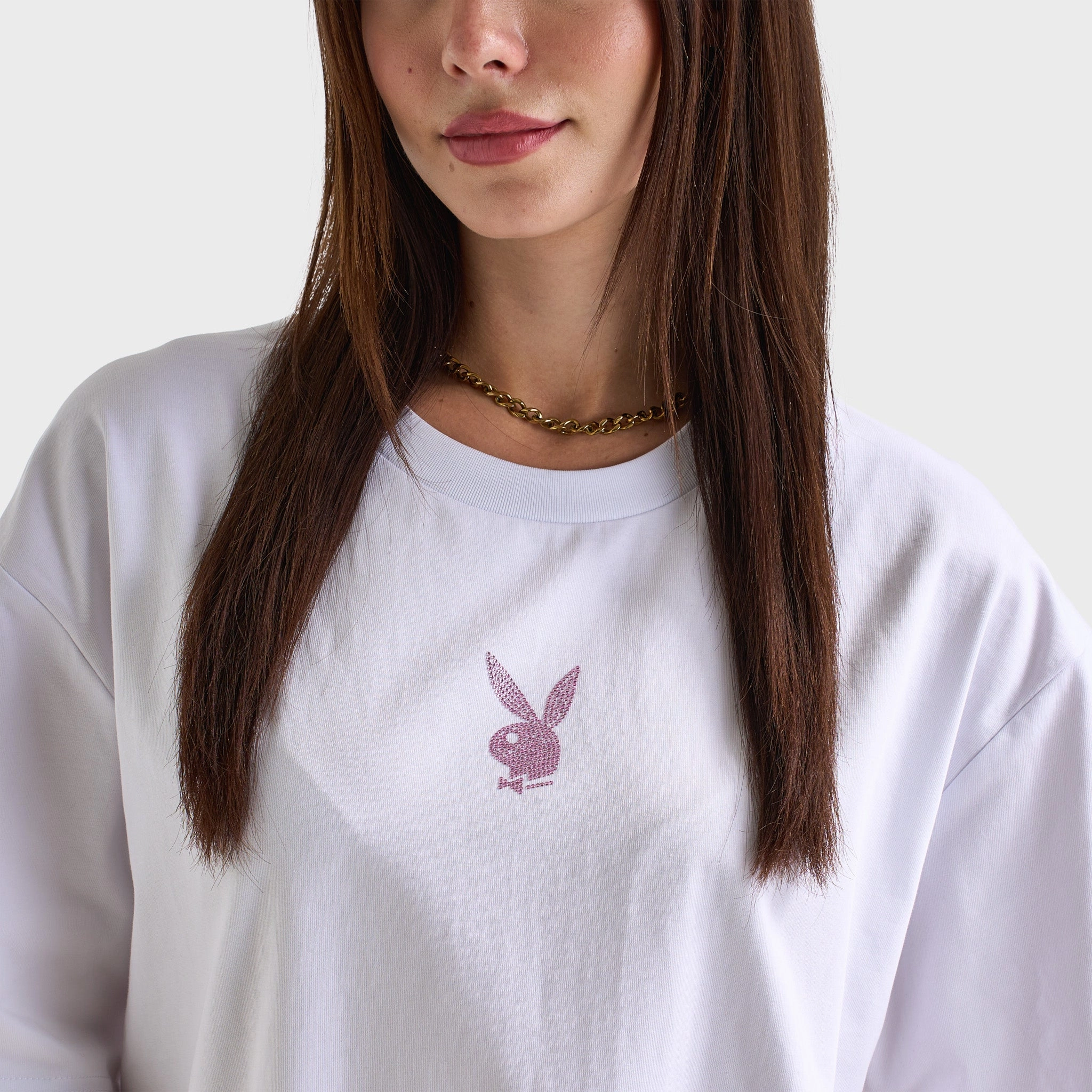 Quick Dry Technology Playboy Women's Diamonte Oversized Graphic Tee / White