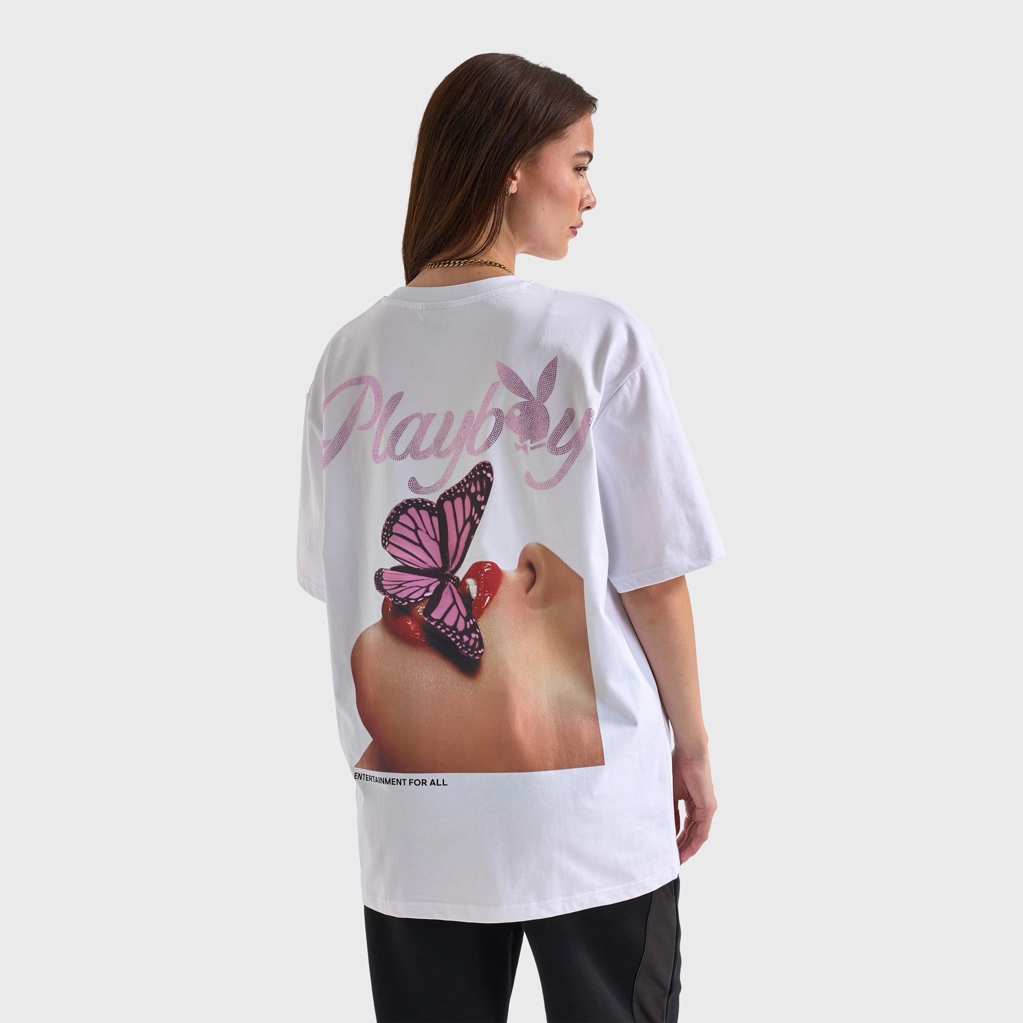 corporate users Playboy Women's Diamonte Oversized Graphic Tee / White