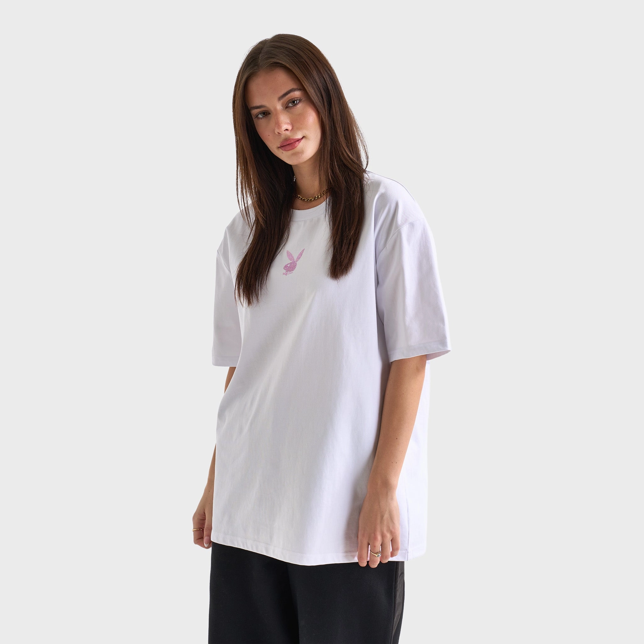 Playboy Women's Diamonte Oversized Graphic Tee / White Slim Fit Cut Four Way Stretch
