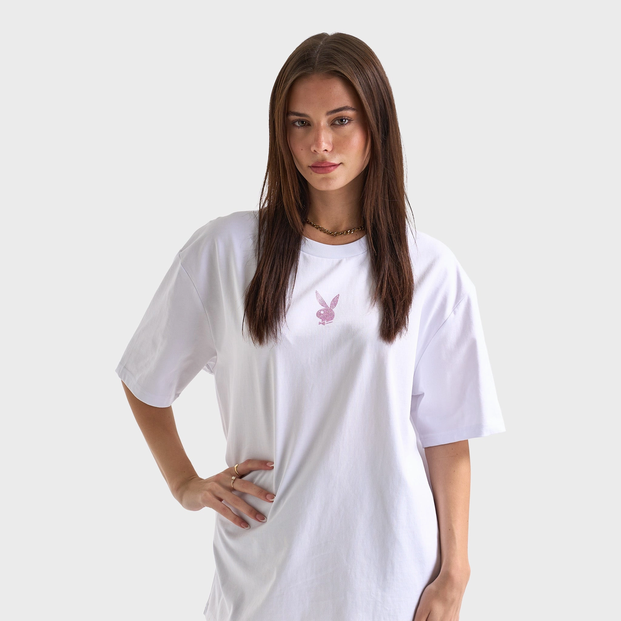 Playboy Women's Diamonte Oversized Graphic Tee / White Snag Resistant Surface competitive price