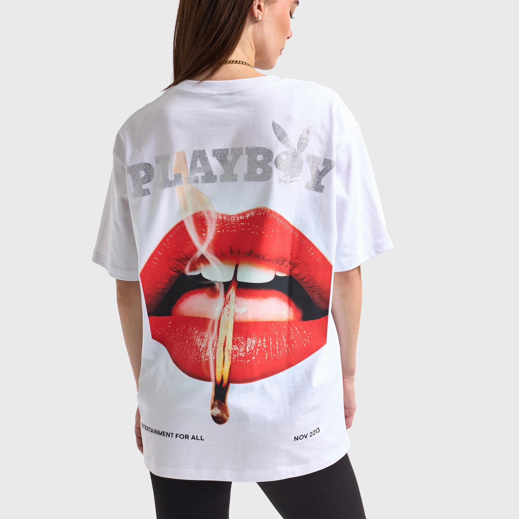 Playboy Women's Lips Diamonte Graphic T-Shirt / White Non Chafe Seams novice soldiers