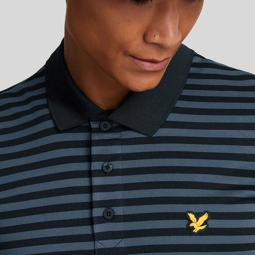 Reinforced Collar Stay Mesh Lined Back Lyle & Scott Golf Broad Stripe Polo Golf Shirt - Dark Navy