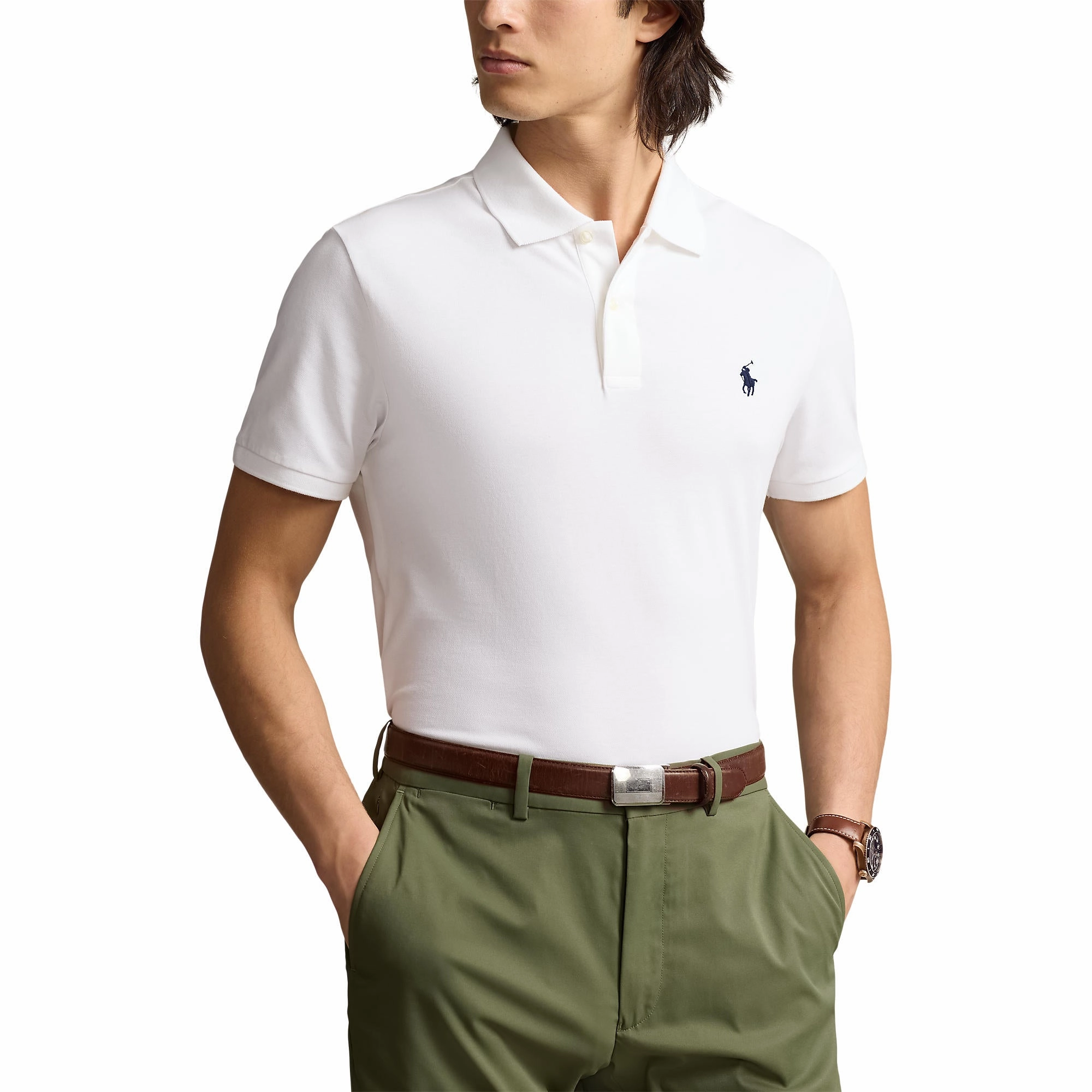 Polo Performance Ralph Lauren Cotton Pique Golf Polo Shirt - Pure White/Navy WrinkleResistant Finish Party Ready