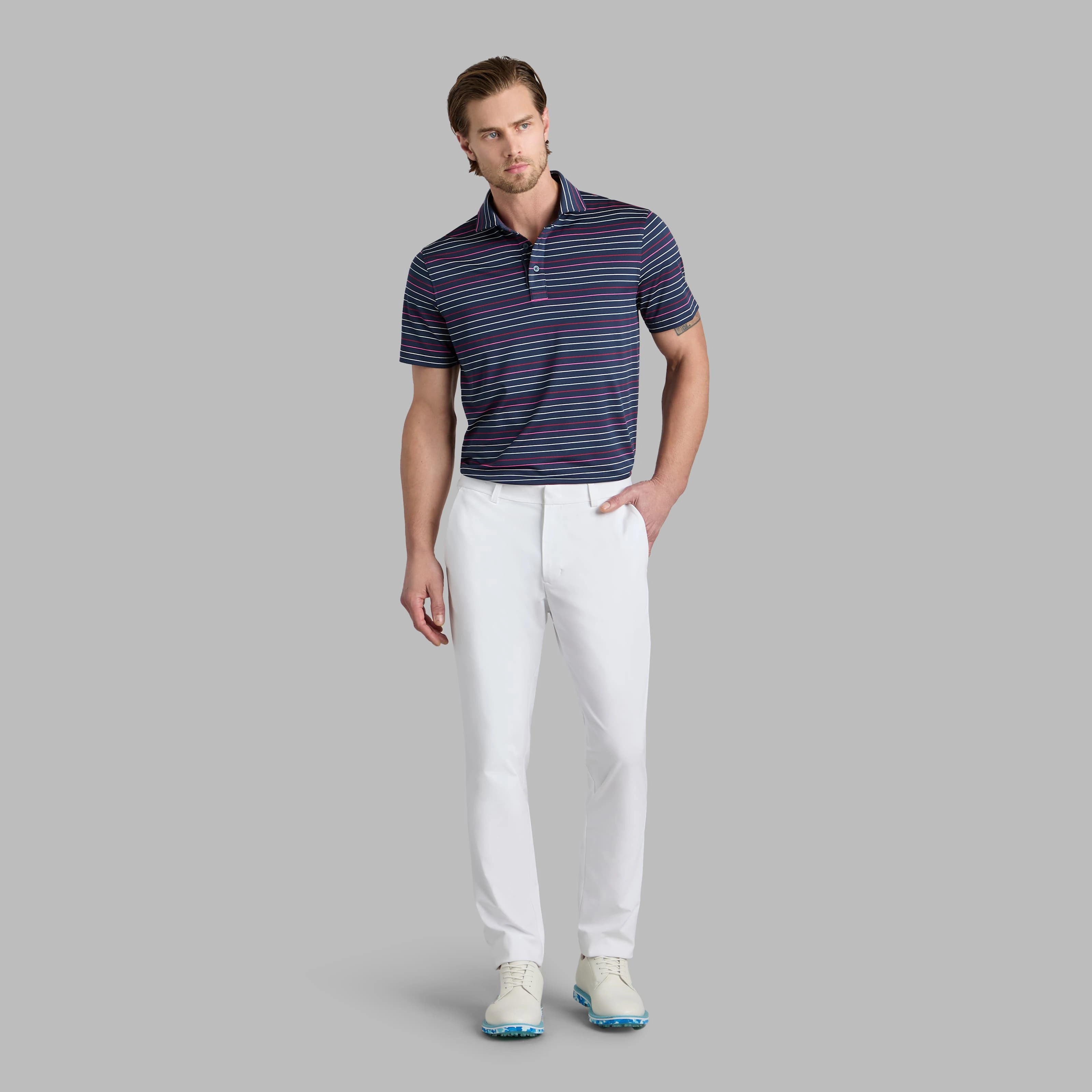 G/Fore Multi Stripe Tech Pique Performance Golf Polo Shirt - Twilight/Lava TemperatureRegulating Layer AntiBacterial Coating