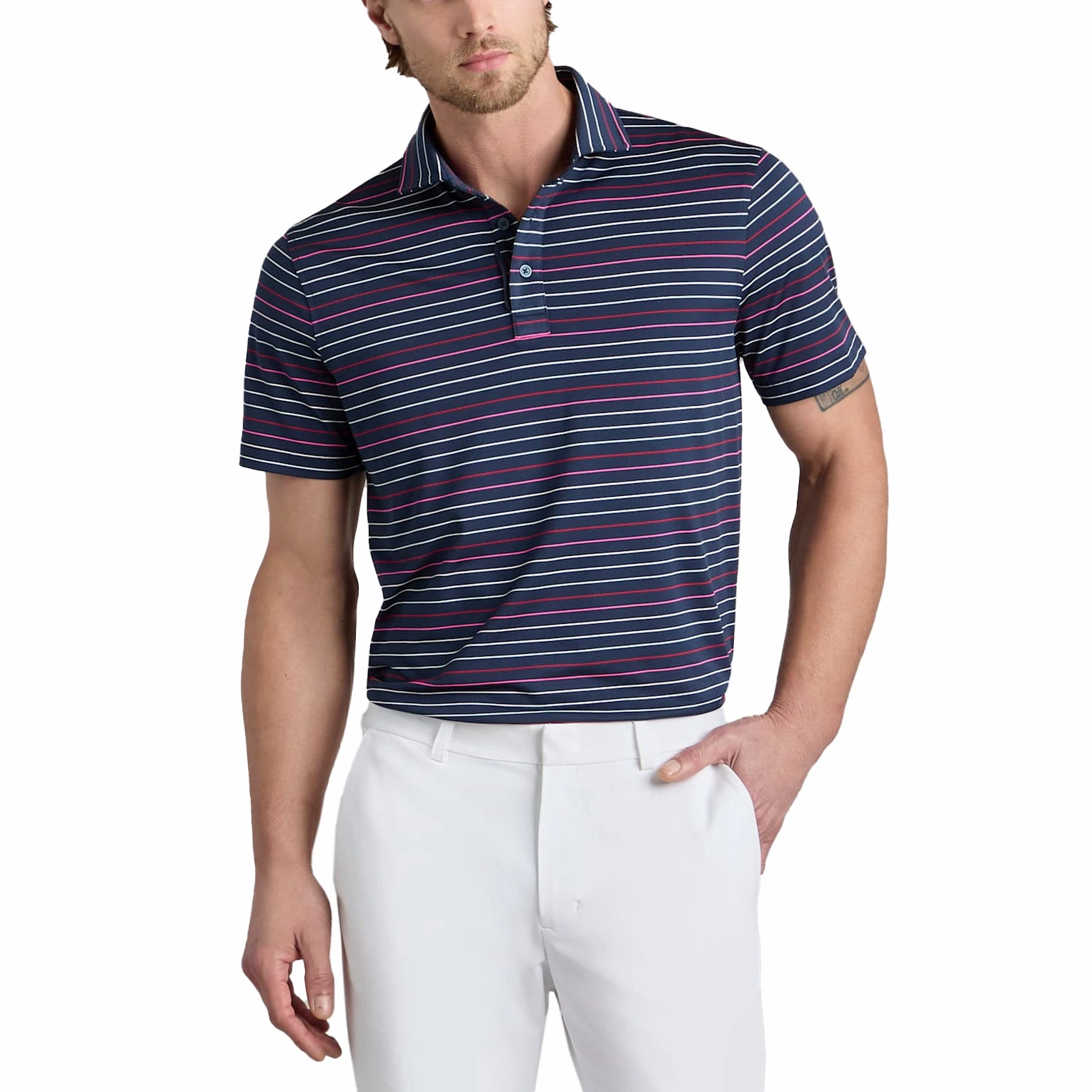 G/Fore Multi Stripe Tech Pique Performance Golf Polo Shirt - Twilight/Lava Polo Collar