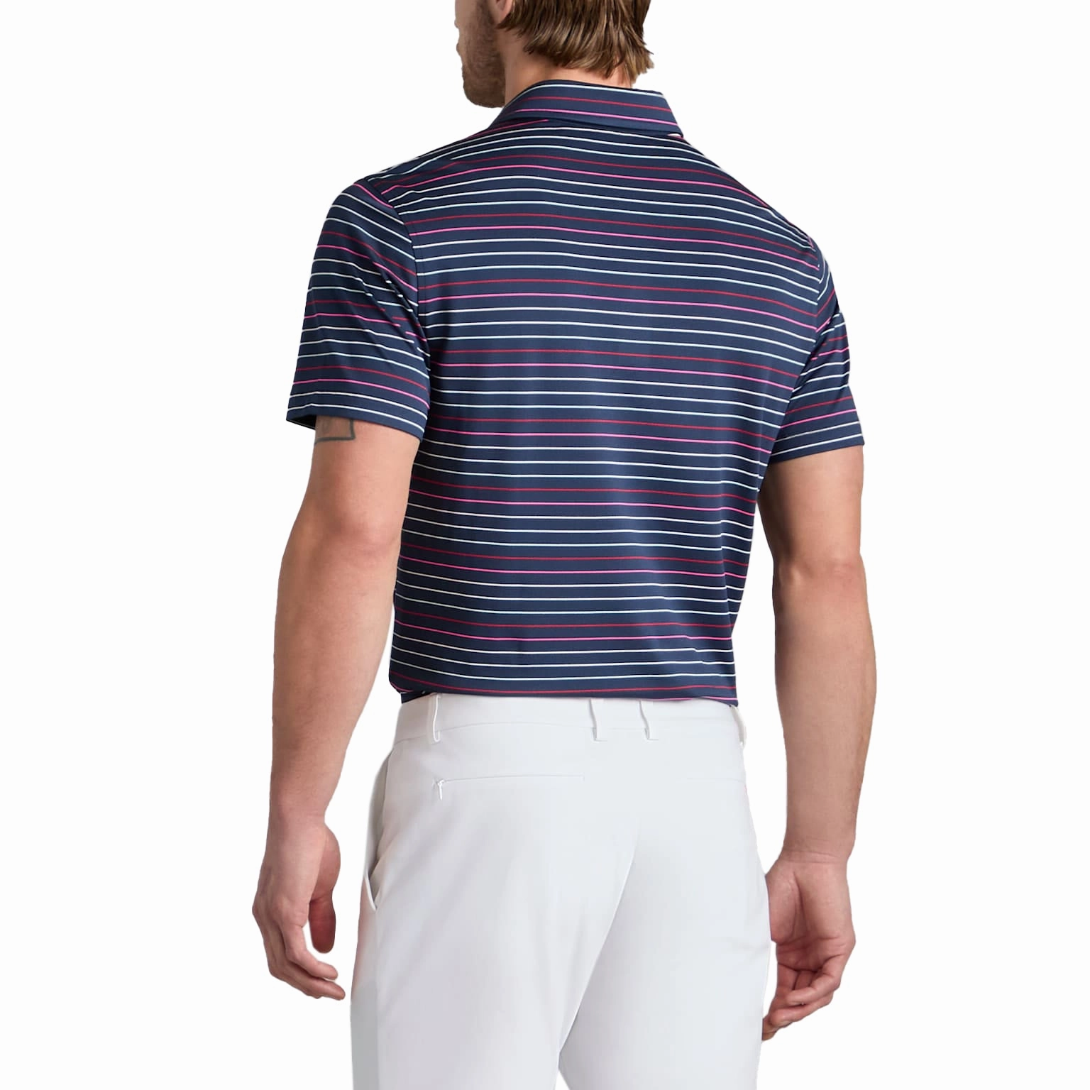 G/Fore Multi Stripe Tech Pique Performance Golf Polo Shirt - Twilight/Lava Breathable Comfort Effortless Style